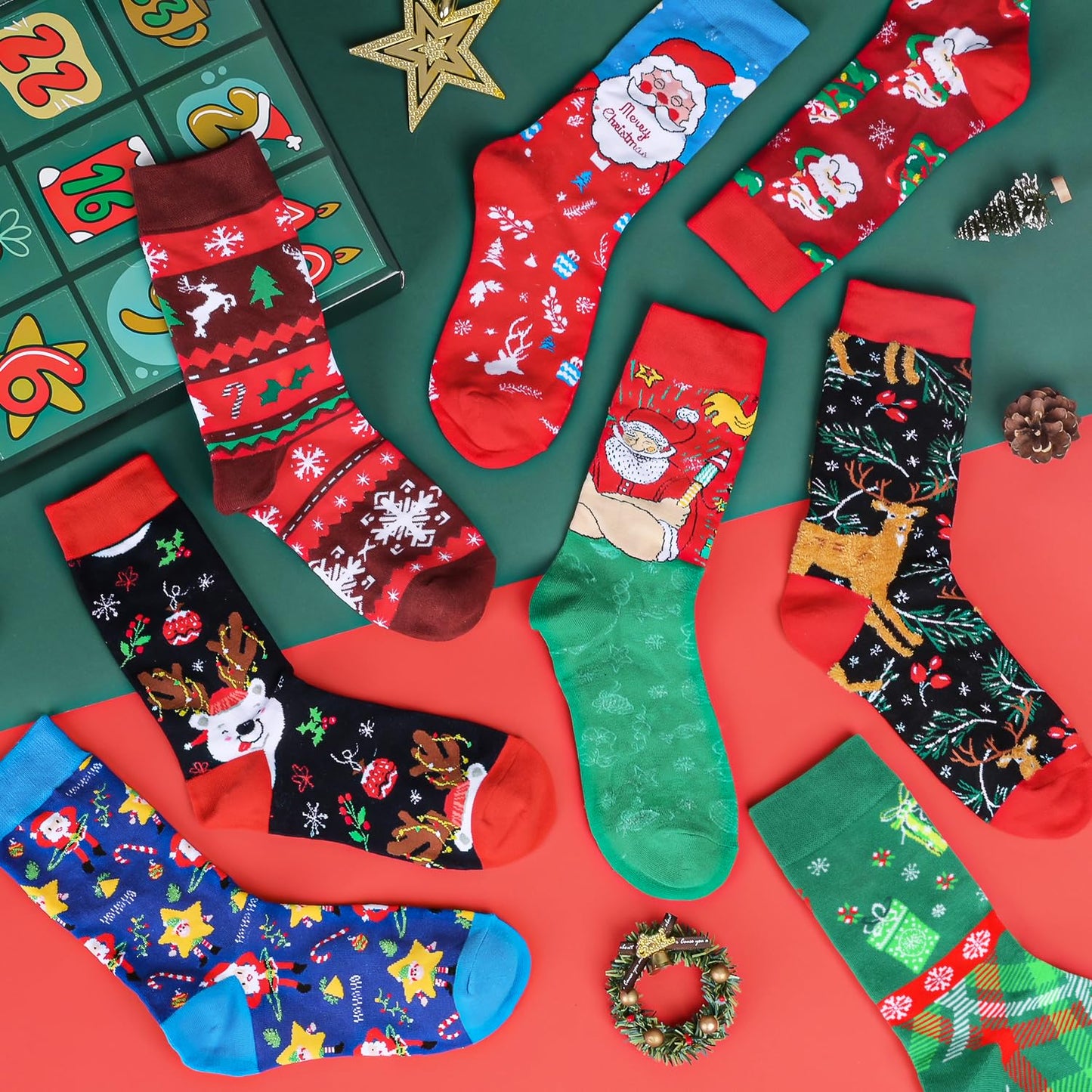 MOVINPE Socks Advent Calendar for Adults Men Women, 12 Pair of Christmas Crew Socks Funny Sock Countdown to 2025 Christmas, 24 Days Surprise Xmas Gifts Warm Cotton Sock - Medaid International