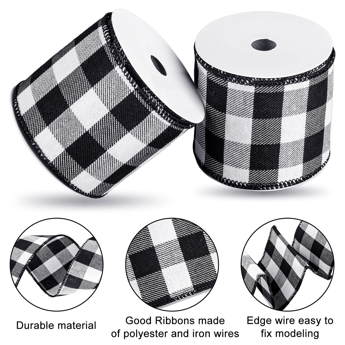 Whaline 2 Rolls Wired Edge Plaid Ribbon Christmas Buffalo Check Ribbon White Black Plaid Ribbon 2.5" Wide Farmhouse Craft Ribbon for DIY Gift Wrapping Wreath Xmas Tree Bow Decoration, 10 Yard - Medaid International