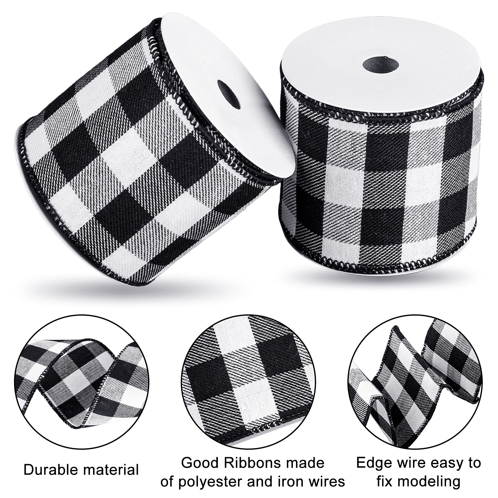Whaline 2 Rolls Wired Edge Plaid Ribbon Christmas Buffalo Check Ribbon White Black Plaid Ribbon 2.5" Wide Farmhouse Craft Ribbon for DIY Gift Wrapping Wreath Xmas Tree Bow Decoration, 10 Yard - Medaid International