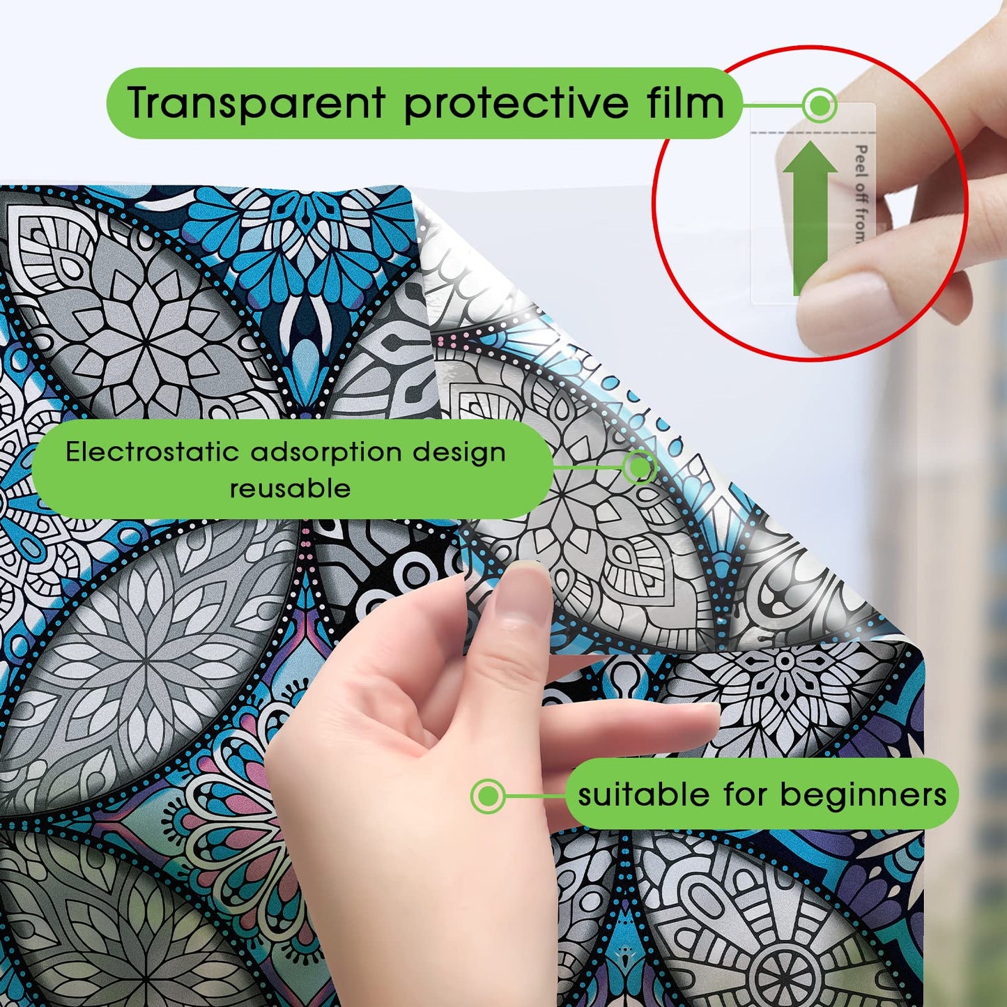 JiffDiff Blue Window Privacy Film Decorative Window Tint Film Stained Glass Window Clings Static Cling Decorative Window Film Sun Blocking Heat Control Window Covering Film for Home - Medaid International