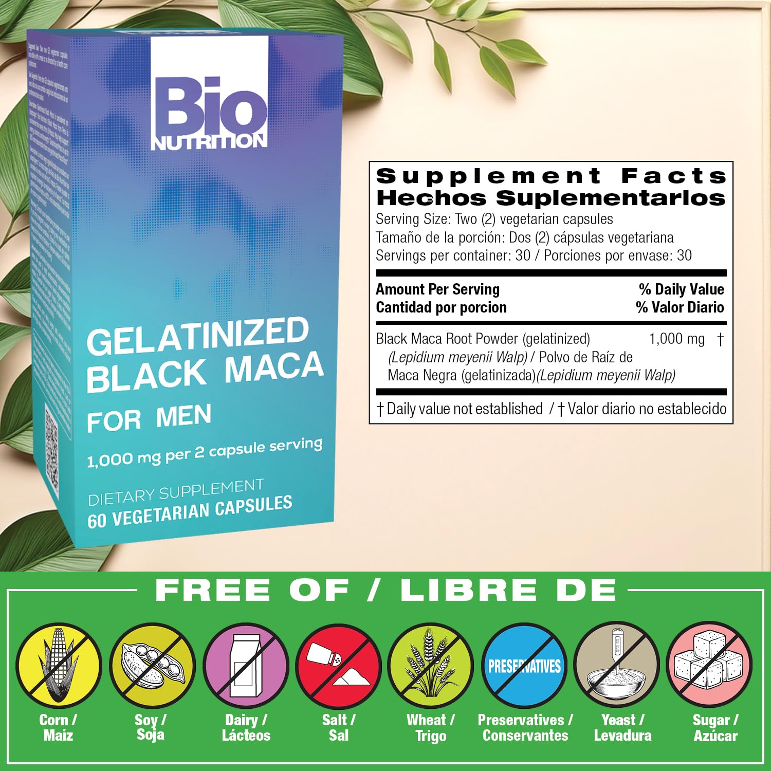 Bio Nutrition Gelatinized Black Maca 60 Vegetarian Capsules | 1,500 mg per Serving | Energy Boost | Calcium | Magnesium | Phosphorus - Medaid International