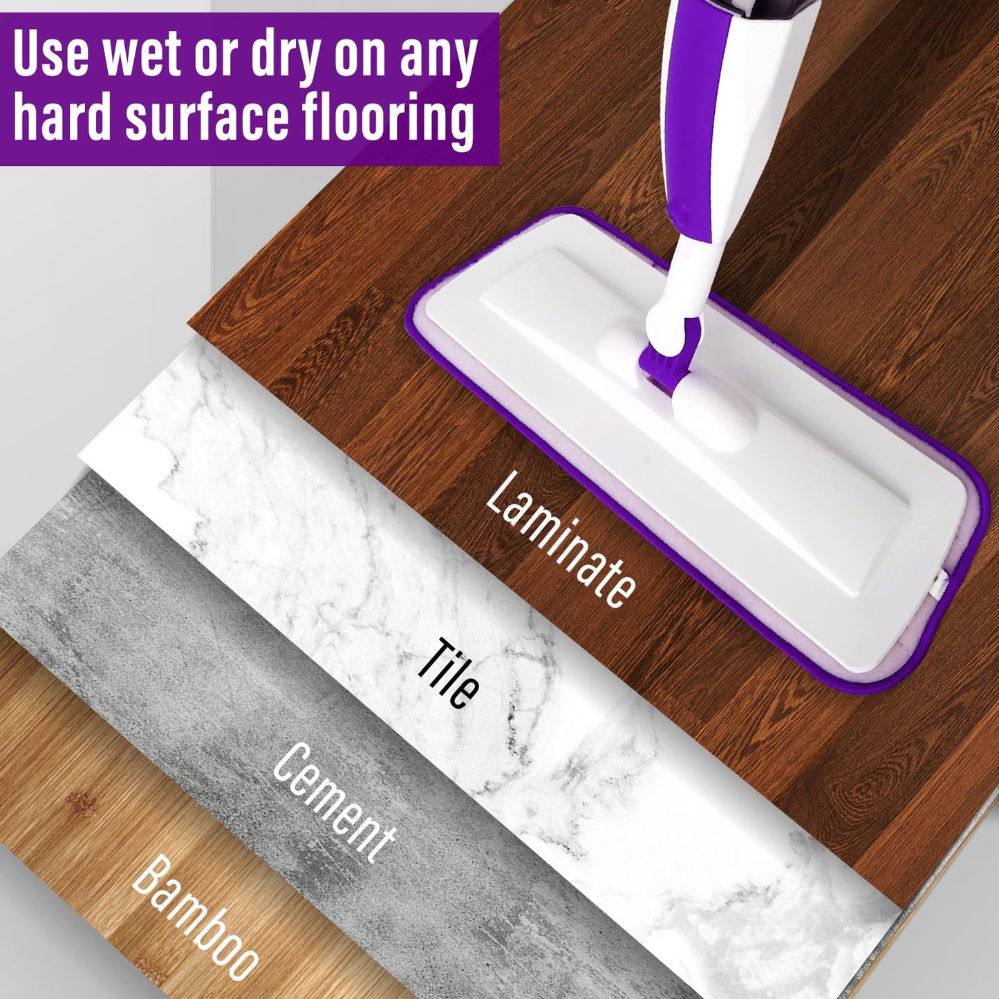 Spray Mops for Floor Cleaning Floor Mop with a Refillable Spray Bottle and 3 Washable Microfiber Pads Home or Commercial Use Dry Wet Flat Mop for Hardwood Laminate Wood (Purple) - Medaid International