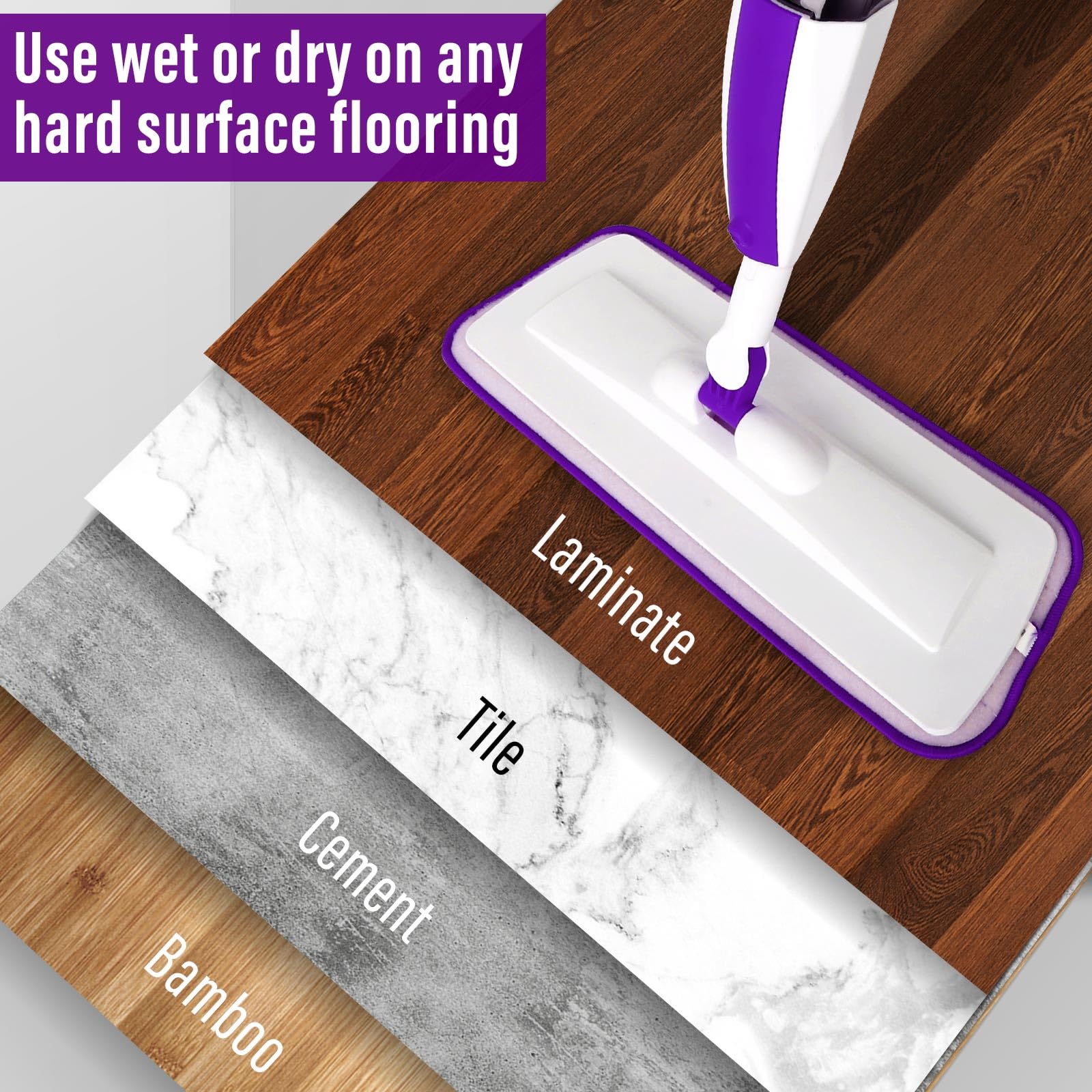 Spray Mops for Floor Cleaning Floor Mop with a Refillable Spray Bottle and 3 Washable Microfiber Pads Home or Commercial Use Dry Wet Flat Mop for Hardwood Laminate Wood (Purple) - Medaid International