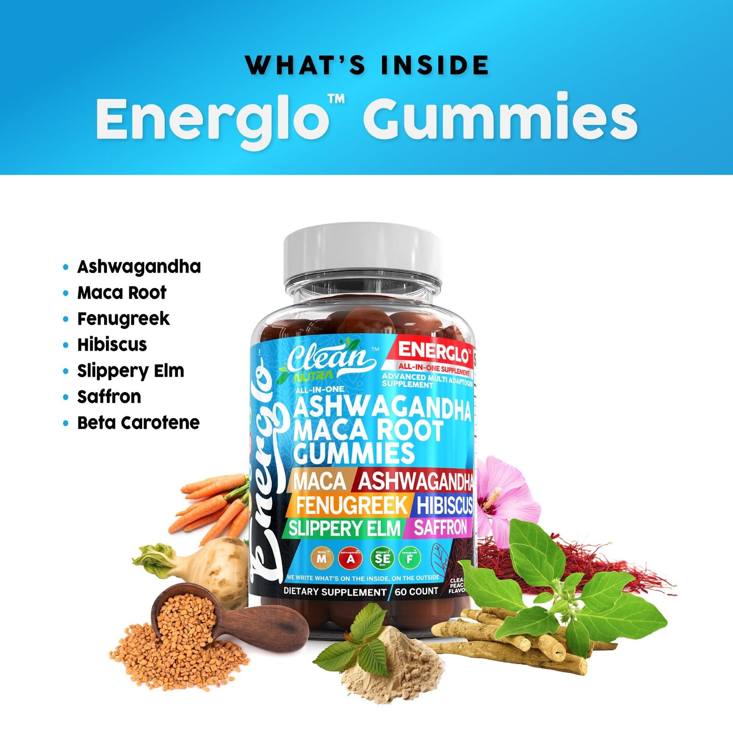 Ashwagandha Maca Root Gummies with Fenugreek Hibiscus Slippery Elm Saffron Extract & Beta Carotene | Peach Flavor Vegan Gummy Vitamins Adaptogen Cortisol Supplement Energlo by Clean Nutra - Medaid International