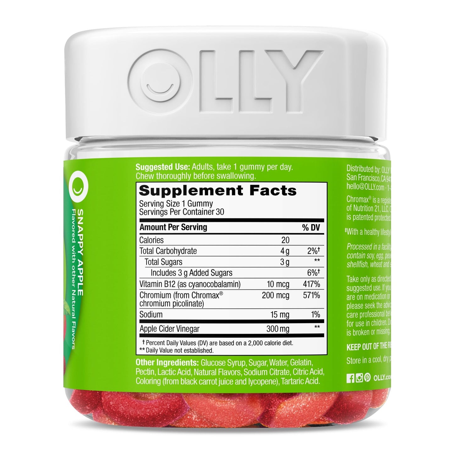 OLLY Metabolism Gummy Rings, Apple Cider Vinegar, Vitamin B12, Chromium, Energy and Digestive Health, Chewable Supplement, Apple Flavor - 30 Count - Medaid International