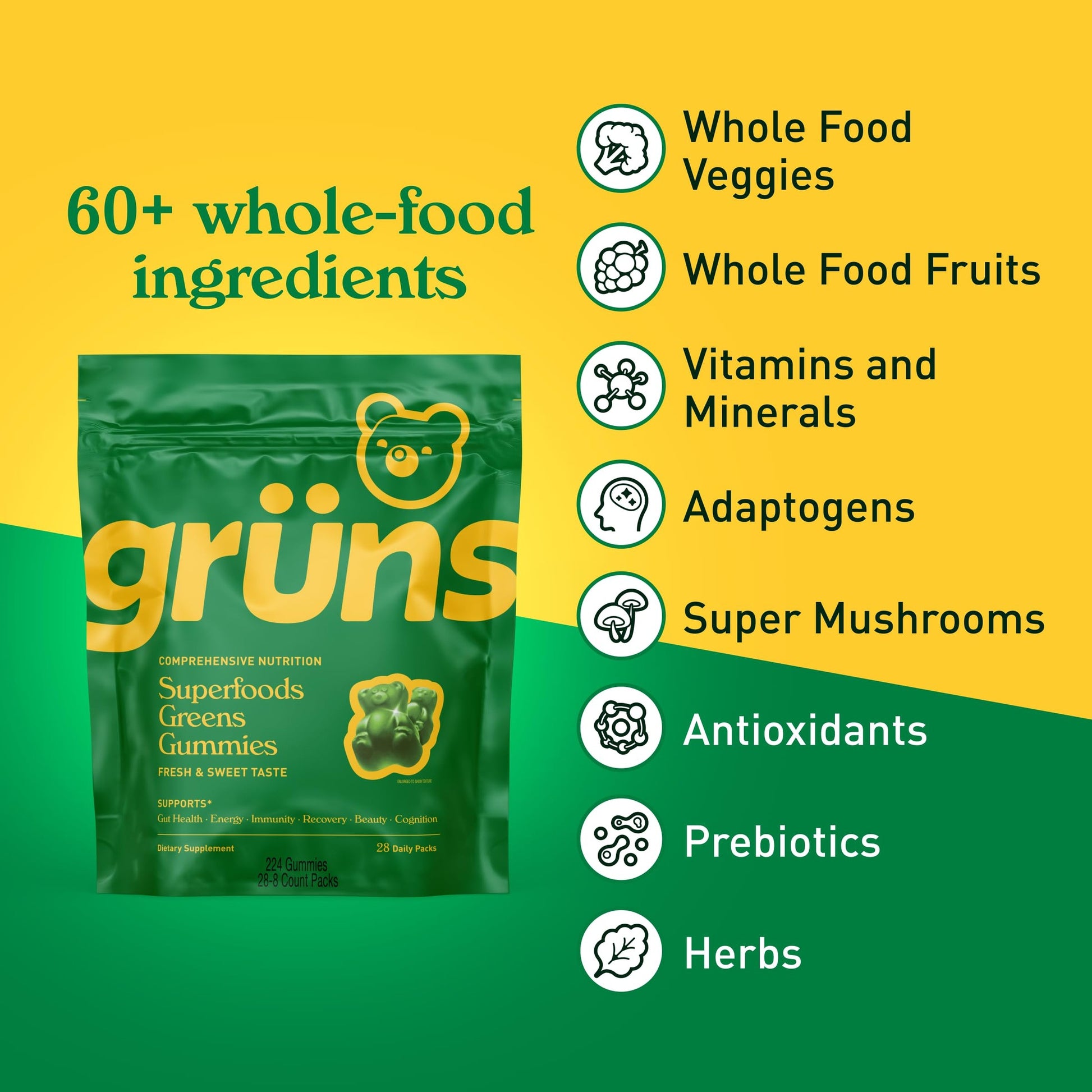 Gruns Adults Super Greens Gummies, Multivitamin Superfood Gummy Bears with Spirulina, Chlorella, Prebiotics & Fiber for Digestive Health, Adaptogens Supplement with 20 Vitamins & Minerals, 28 Count - Medaid International