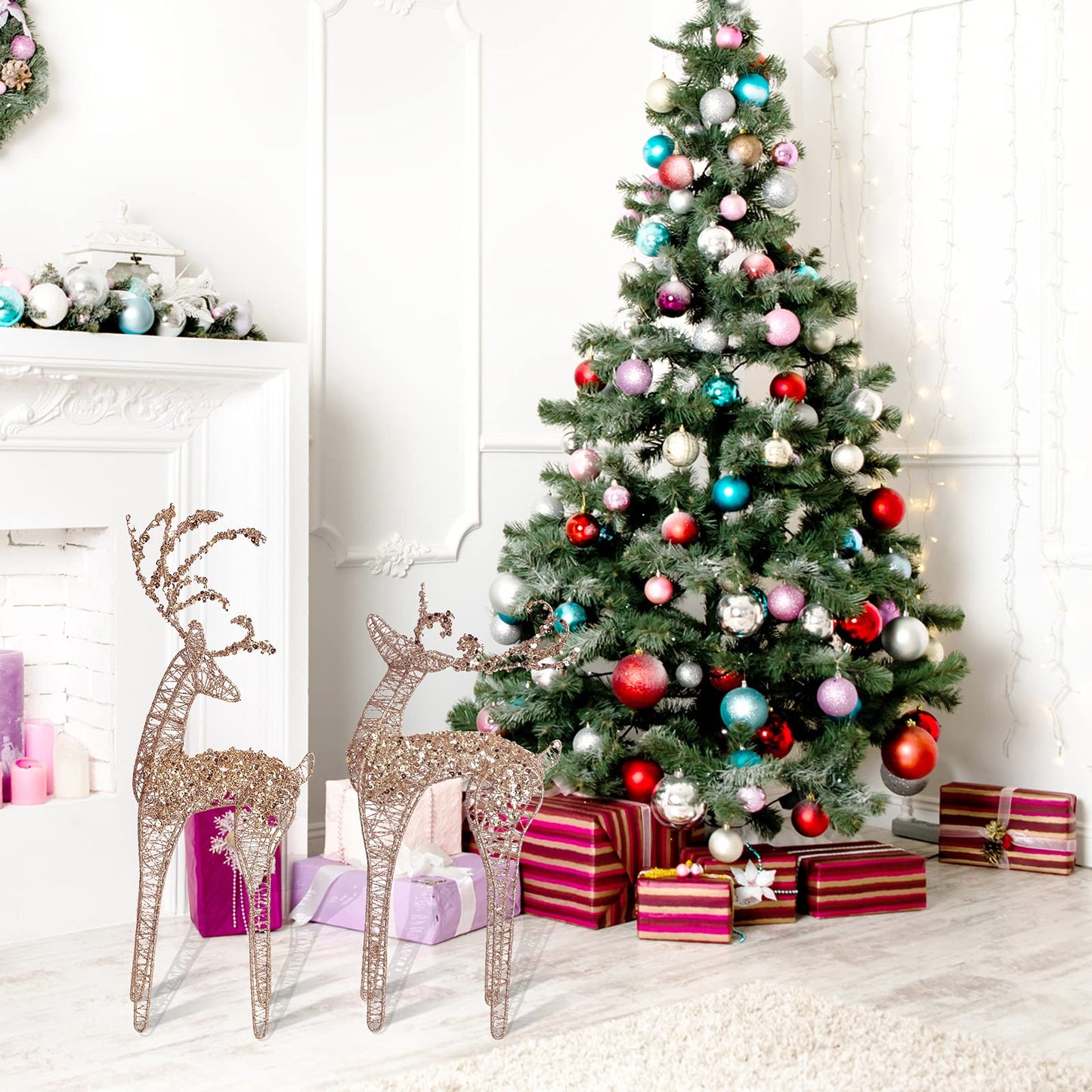 ZHANYIGY 2pc Set White Pearl Champagne Winding for Standing Reindeer Decorations Christmas Reindeer Figurine Table Desk Decorations Glittering Xmas Holiday Party Supply - Medaid International