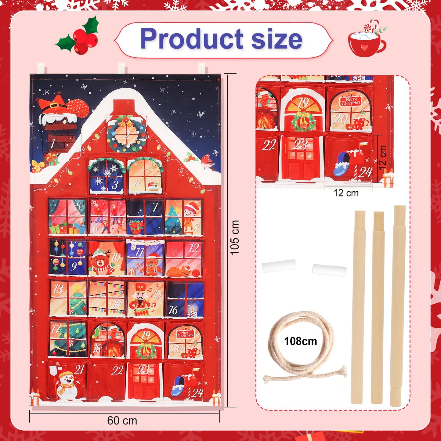 HOWAF Red House Fabric Christmas Advent Calendar with Pockets (Countdown to Christmas), 24 Days Mystery Christmas Countdown Calendar for Xmas Holiday Home Wall Decoration - Medaid International