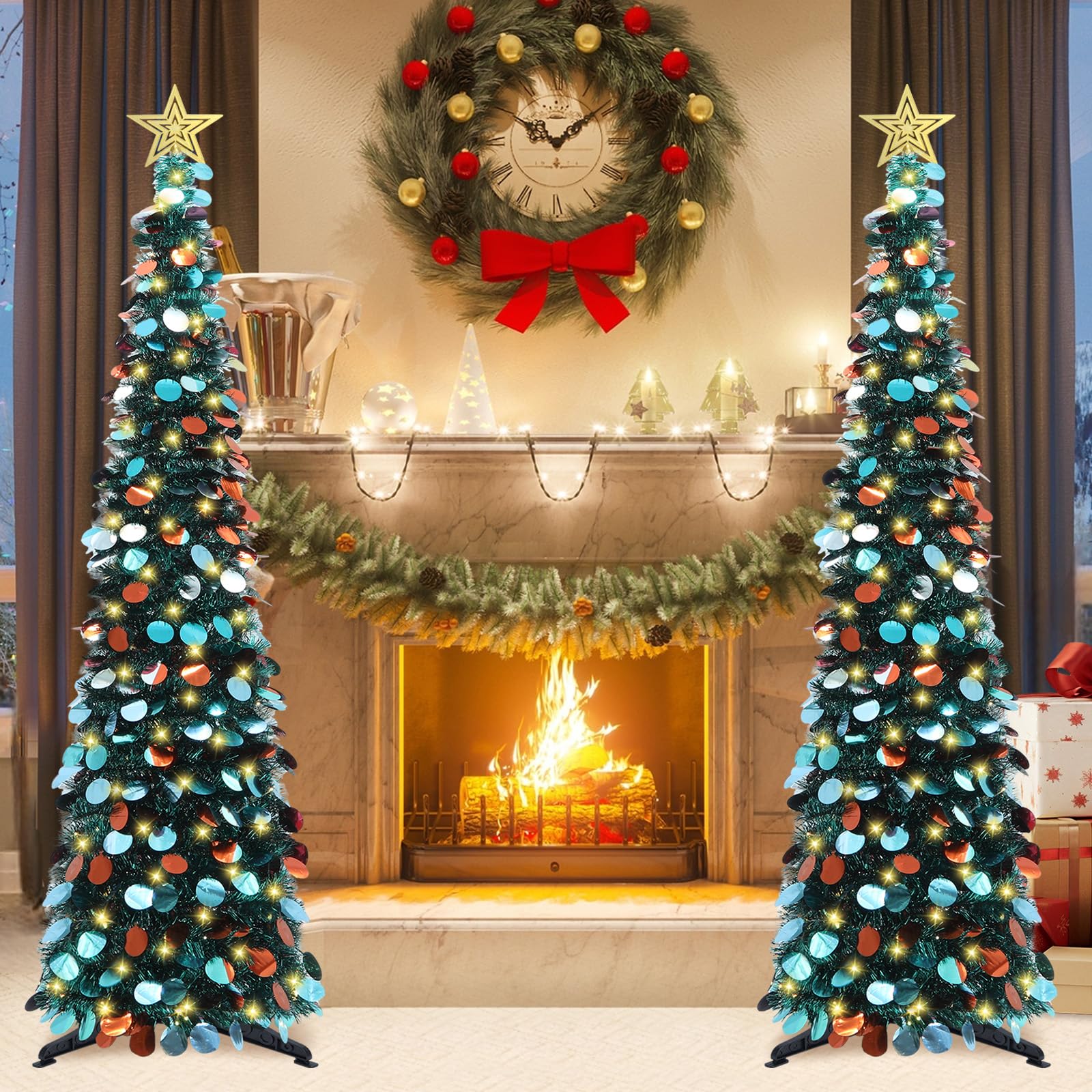 HMASYO 5 FT Pop Up Christmas Tree with Timer Lights, Blue Christmas Tinsel Tree, Collapsible Artificial Pencil Christmas Tree for Indoor Home Apartment Porch Holiday Party Decorations - Medaid International