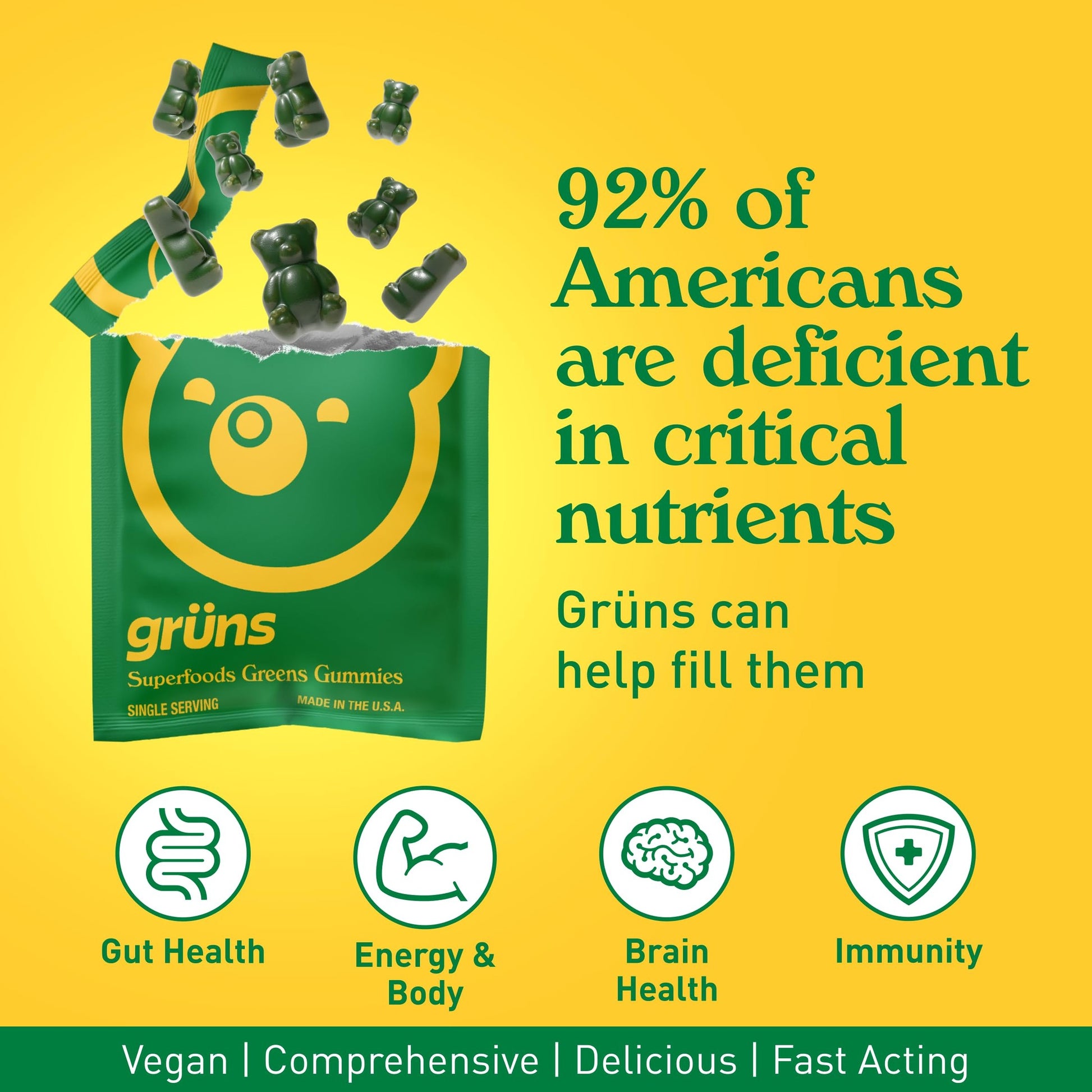 Gruns Adults Super Greens Gummies, Multivitamin Superfood Gummy Bears with Spirulina, Chlorella, Prebiotics & Fiber for Digestive Health, Adaptogens Supplement with 20 Vitamins & Minerals, 28 Count - Medaid International