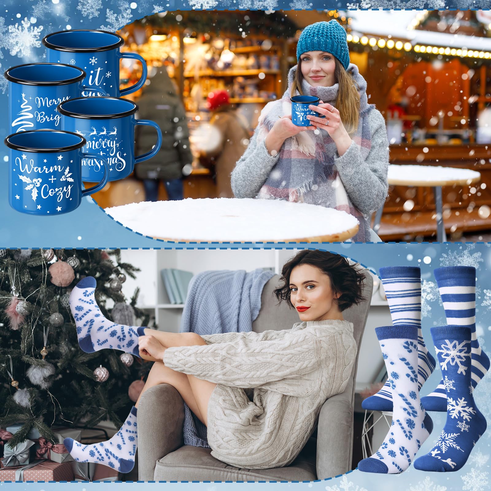 Baderke 4 Set Christmas Gifts Christmas Mugs Enamel Mug 4 Pcs Xmas Makeup Bags Bulk Santa Goodie Bags and 4 Pcs Santa Socks Xmas Socks for Family Women Friend(Blue) - Medaid International