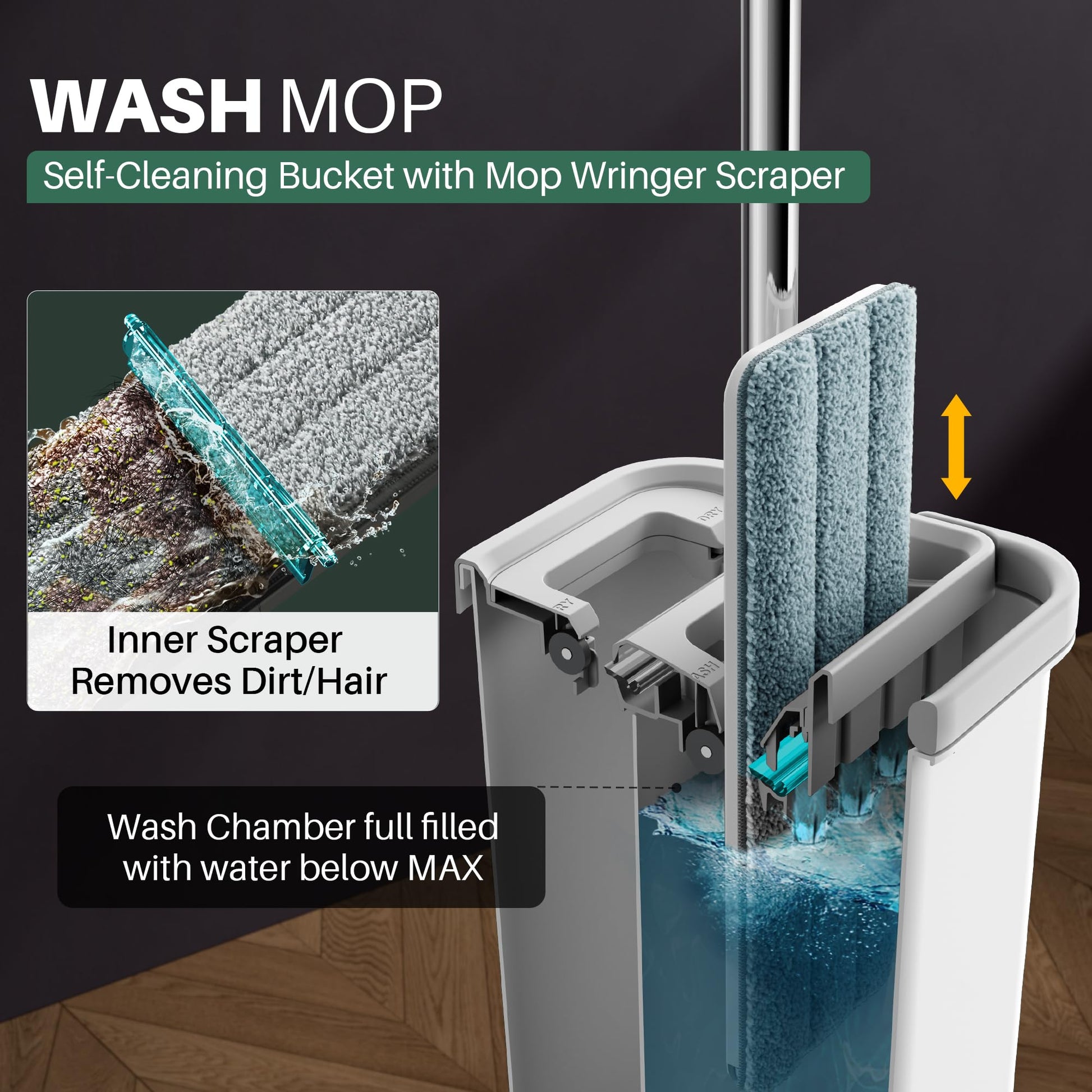 JOYMOOP Mop and Bucket with Wringer Set, Hands Free Flat Floor Mop and Bucket, 60" Mop with 3 Reusable Microfiber Pads, Wet and Dry Use, Floor Cleaning System - Medaid International