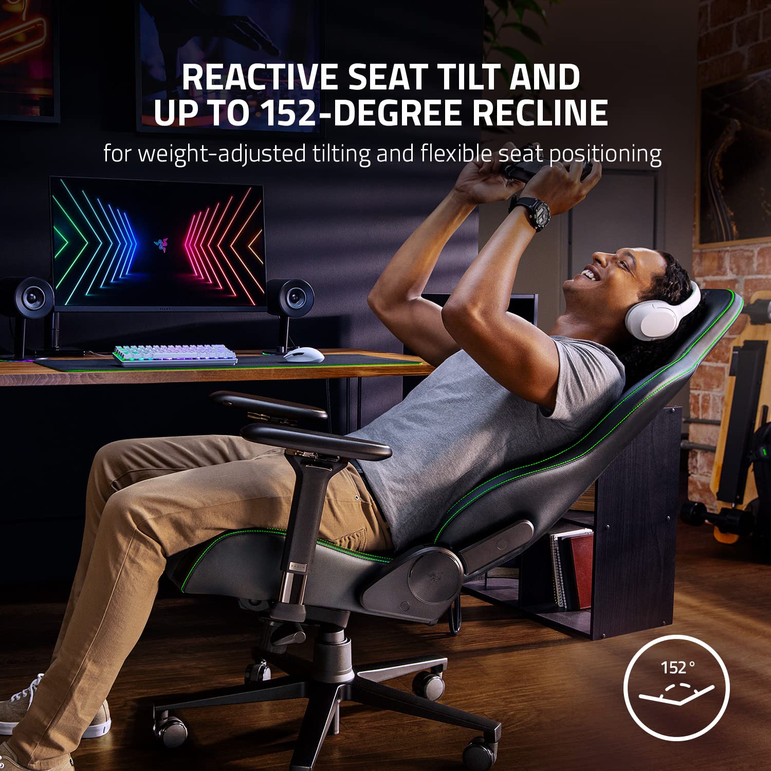 Razer Enki Gaming Chair: All-Day Comfort - Built-in Lumbar Arch - Optimized Cushion Density - Dual-Textured, Eco-Friendly Synthetic Leather - Reactive Seat Tilt & 152-Degree Recline - Black/Green - Medaid International