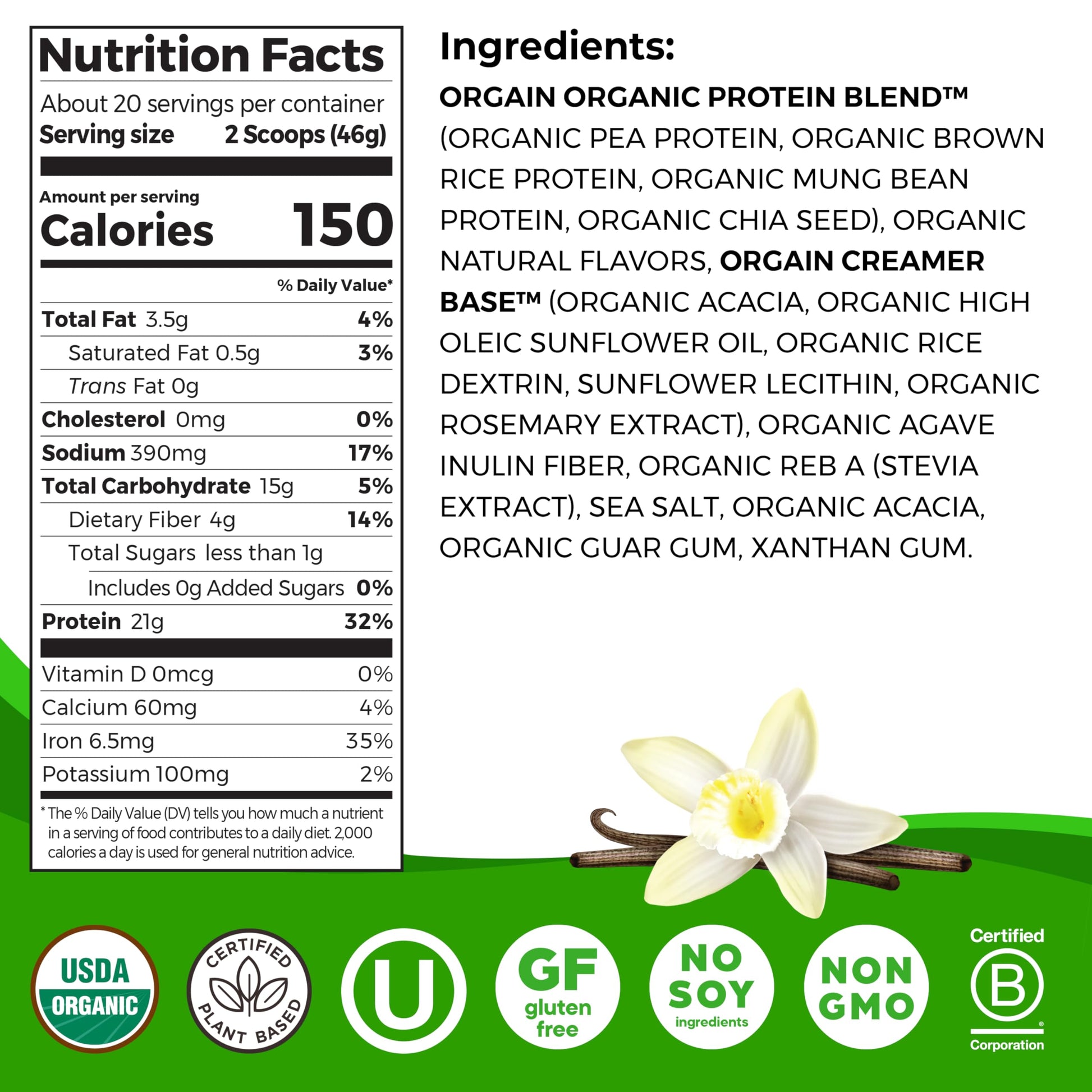 Orgain Organic Vegan Protein Powder, Vanilla Bean - 21g Plant Protein, 4g Prebiotic Fiber, No Lactose Ingredients, No Added Sugar, Non-GMO, For Shakes & Smoothies, 2.03 lb (Packaging May Vary) - Medaid International