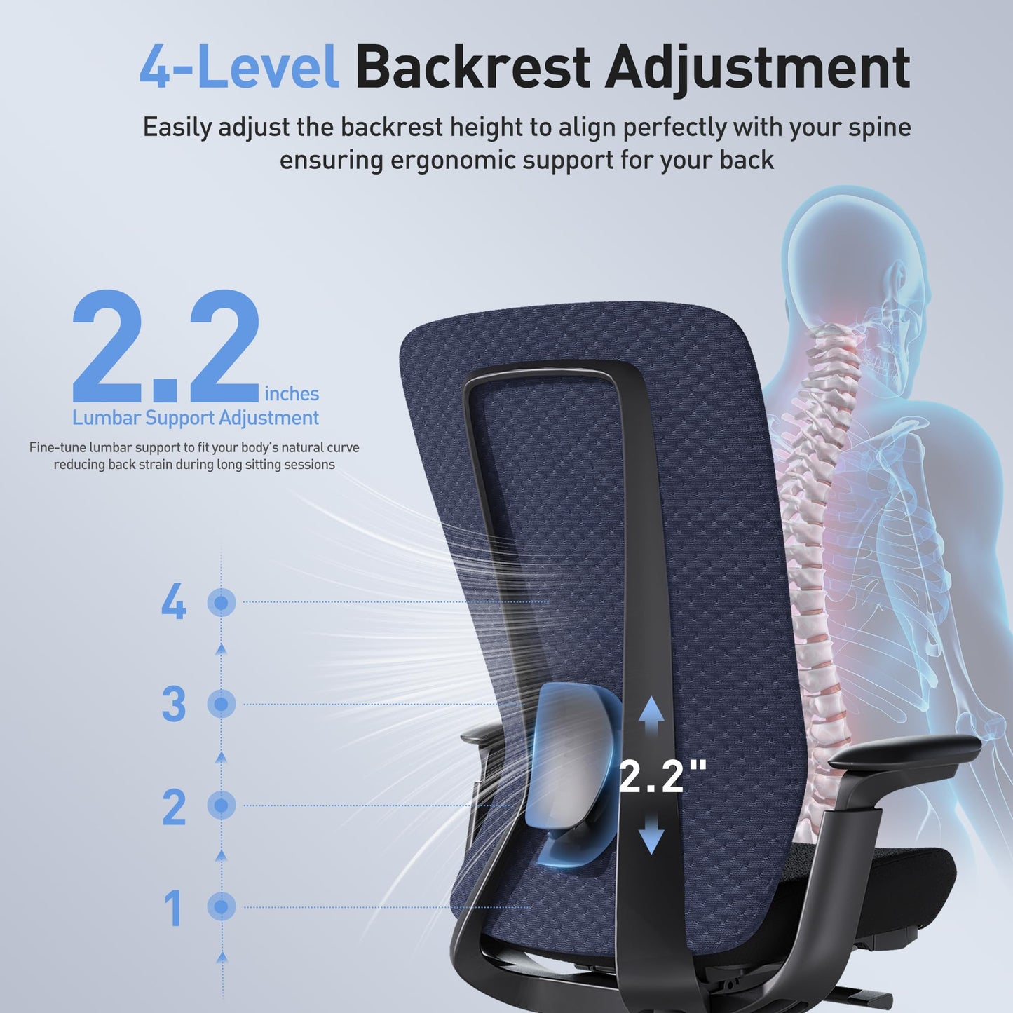 Executive Office Chair with 4D Adjustable Arms & Lumbar Support - Mesh Seat Depth Adjustment, 107°-115°-123°-132° Recline, Memory Foam & Aluminum Base for Modern Home/Office,Blue - Medaid International