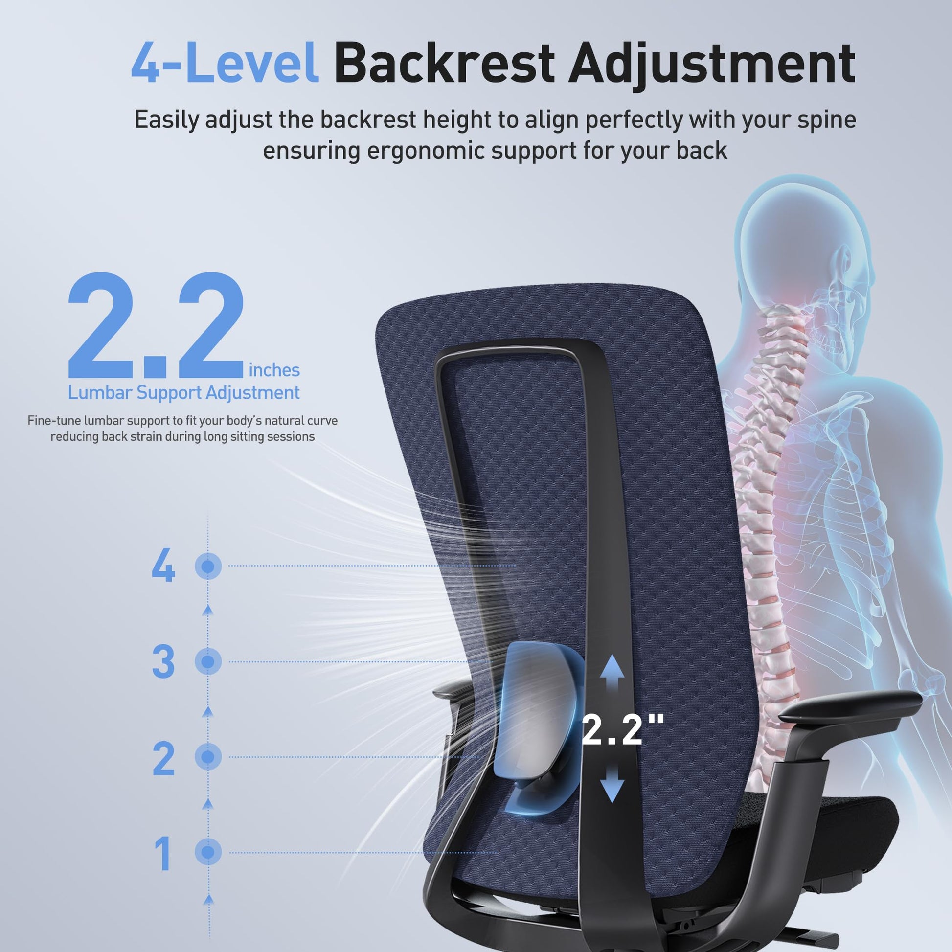 Executive Office Chair with 4D Adjustable Arms & Lumbar Support - Mesh Seat Depth Adjustment, 107°-115°-123°-132° Recline, Memory Foam & Aluminum Base for Modern Home/Office,Blue - Medaid International