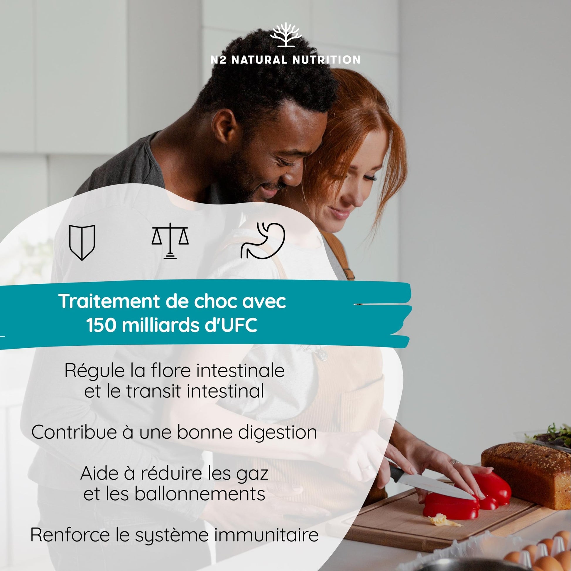 Probiotique Flore Intestinale 150 Milliards UFC, 20 Souches de Bactéries + Zinc + Inuline. Probiotiques pour la Régénération Digestive et Microbiote. 90 gélules, Végétalien. N2 Natural Nutrition - Medaid International