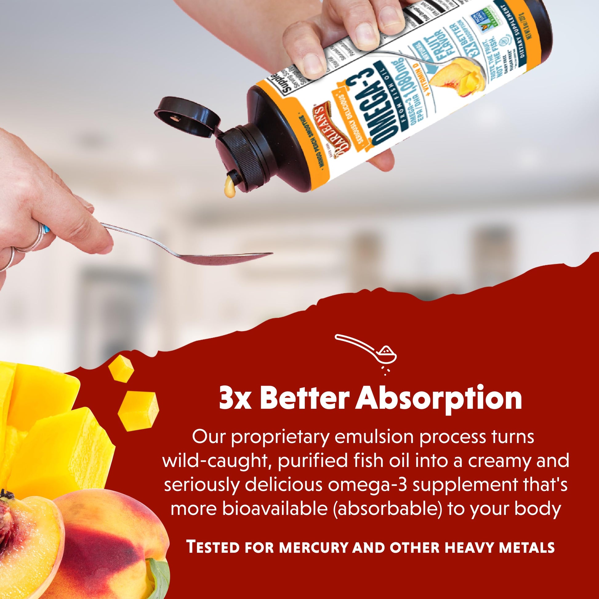 Barlean's Omega 3 Fish Oil Liquid Supplement with Vitamin D for Men and Women, Mango Peach, 1080mg EPA and DHA Fatty Acid, 16 oz - Medaid International