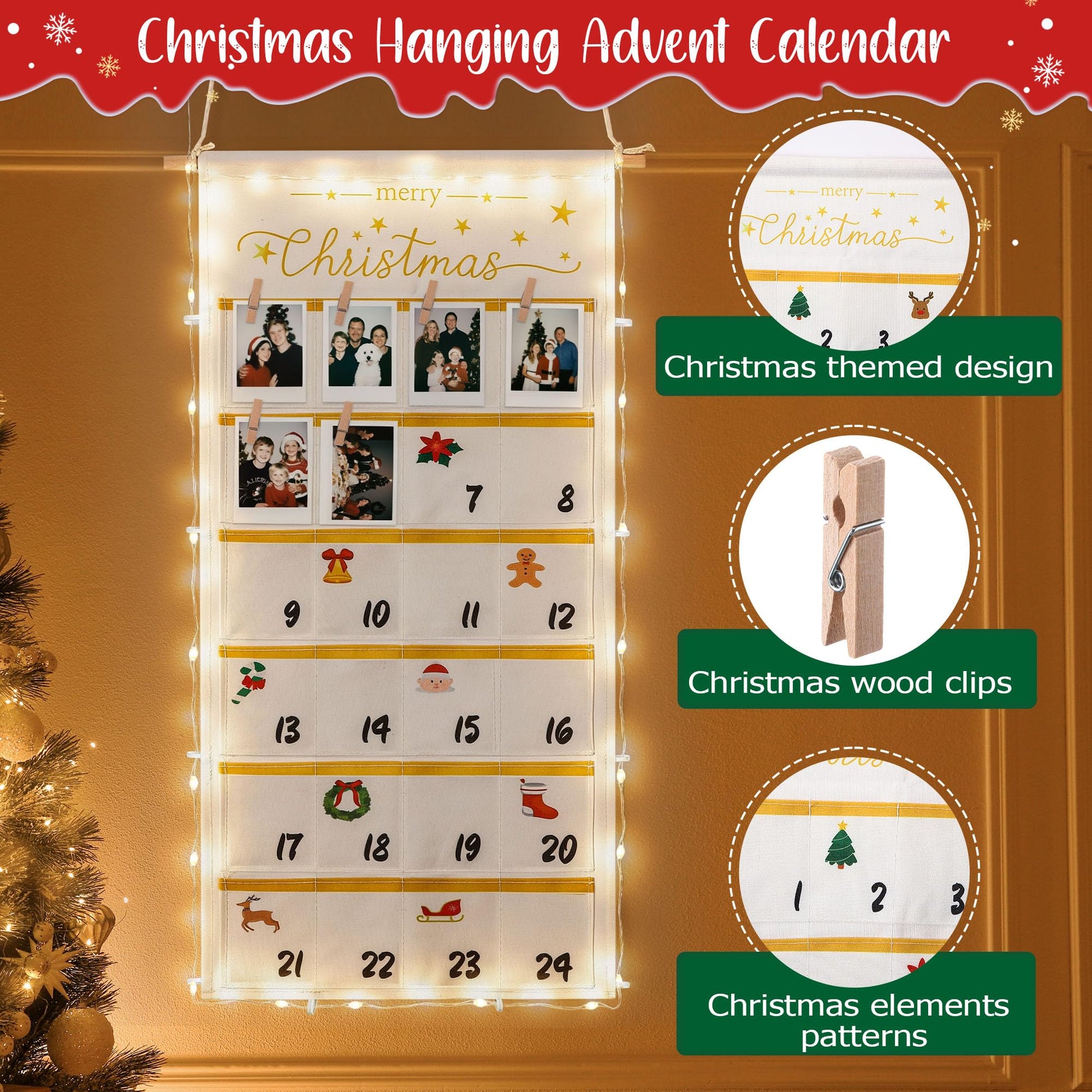 ElectricWise Christmas Picture Countdown Board, Photo Advent Calendar with Wood Clips, Photo Display Collage Board with Pockets, Reusable Festival Memory Countdown (32.3 In) - Medaid International