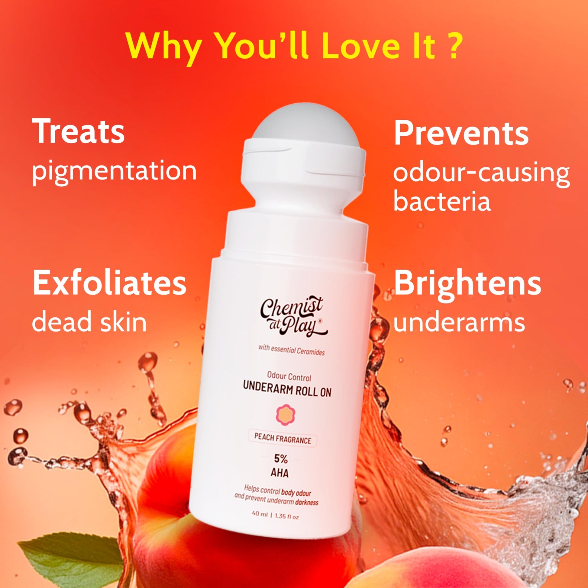 Chemist at Play UnderArm Roll-On with 5% AHA| Lactic & Mandelic Acid|Prevents Odour, Brightens Skin & Exfoliates Underarm | For Sensitive Skin | Peach Fragrance | Alcohol & Aluminium Free | 1.35 fl oz - Medaid International