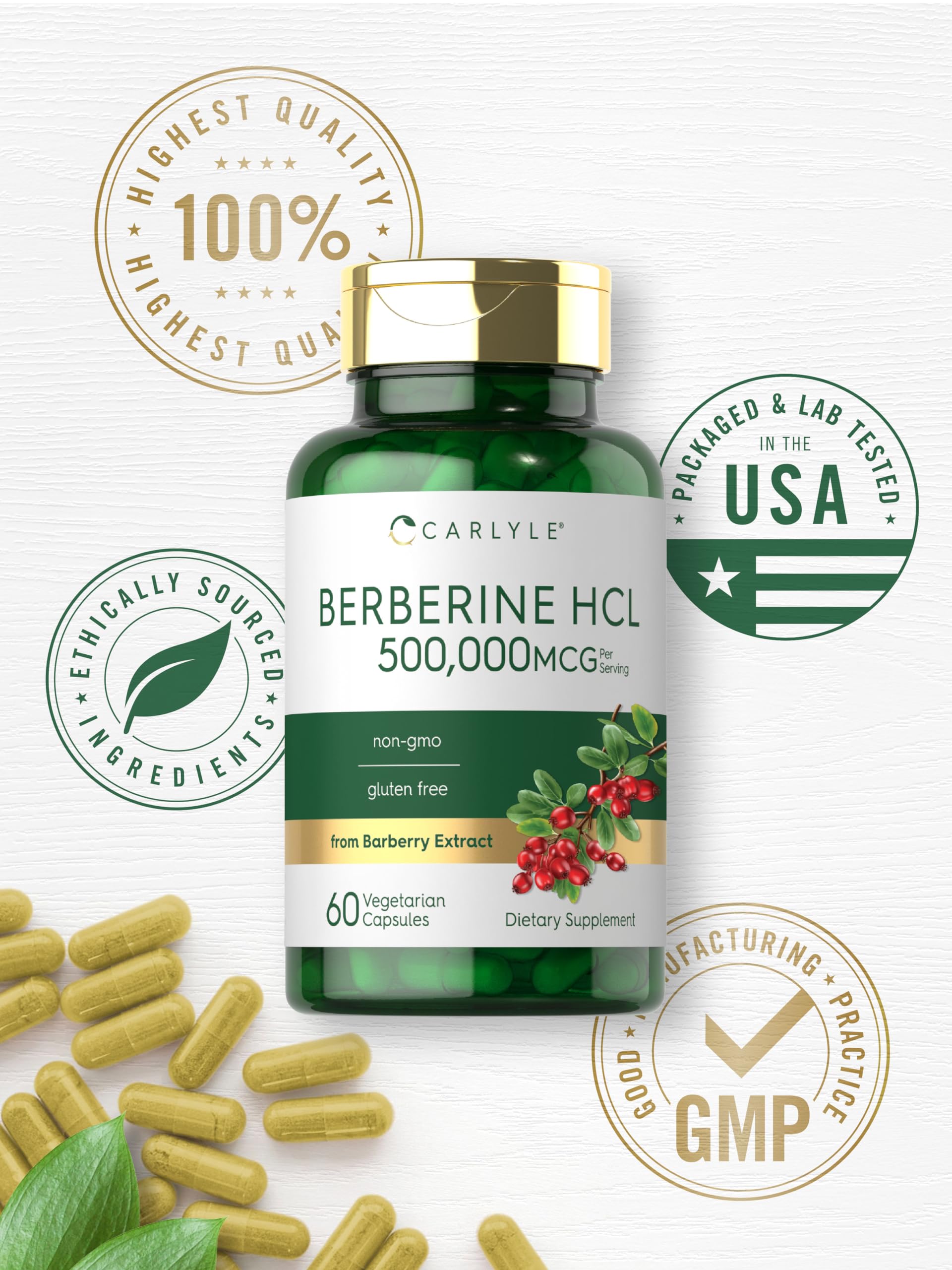 Carlyle Berberine HCL Supplement | 500,000mcg | 60 Capsules | Vegetarian, Non-GMO, Gluten Free - Medaid International