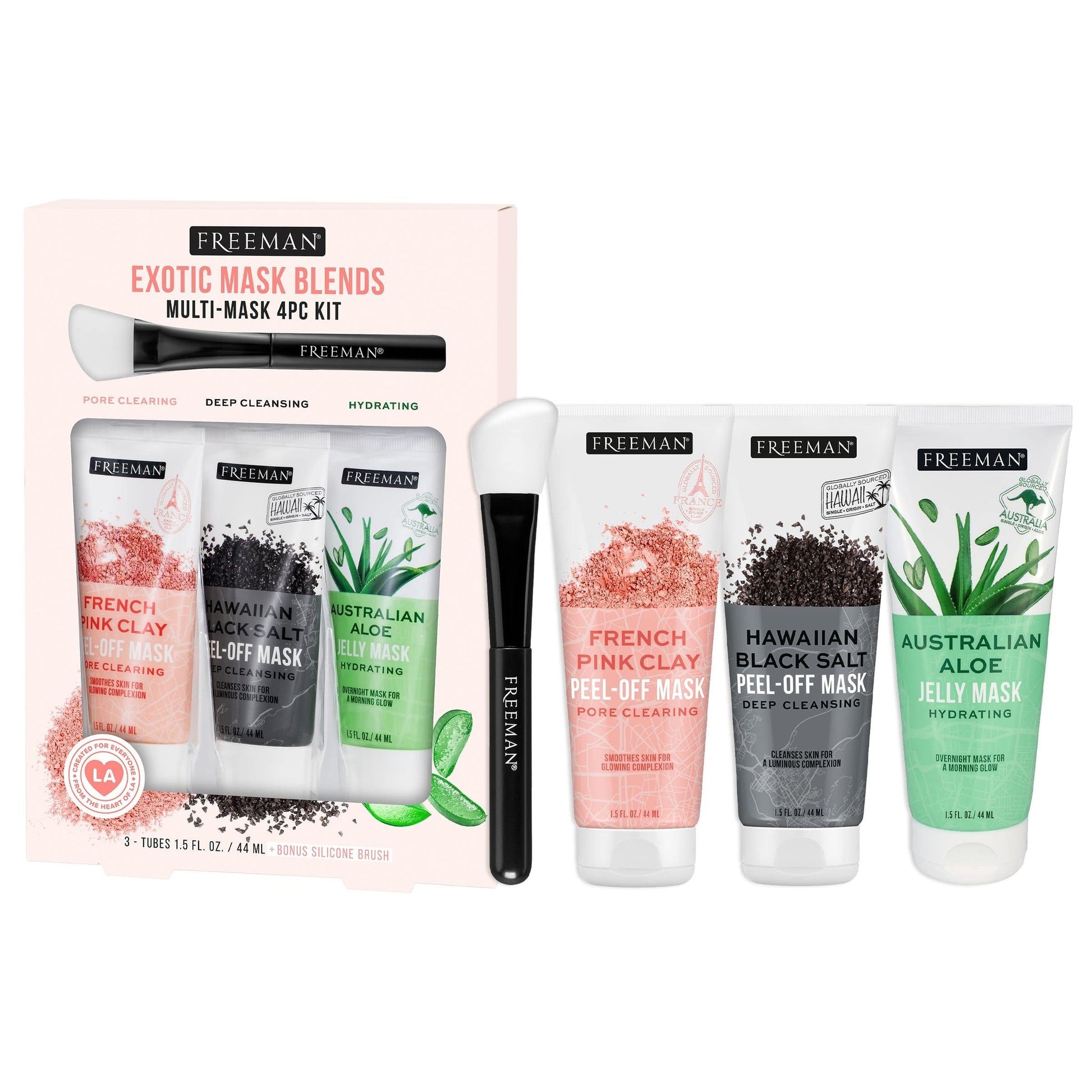 Freeman Exotic Blends Facial Mask 4 Piece Set, Peel-Off & Jelly Masks, Cleansing, Pore-Clearing & Hydrating Facial Masks, For All Skin Types, Includes Silicone Mask Brush, Vegan & Cruelty-Free - Medaid International