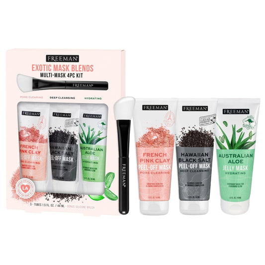 Freeman Exotic Blends Facial Mask 4 Piece Set, Peel-Off & Jelly Masks, Cleansing, Pore-Clearing & Hydrating Facial Masks, For All Skin Types, Includes Silicone Mask Brush, Vegan & Cruelty-Free - Medaid International