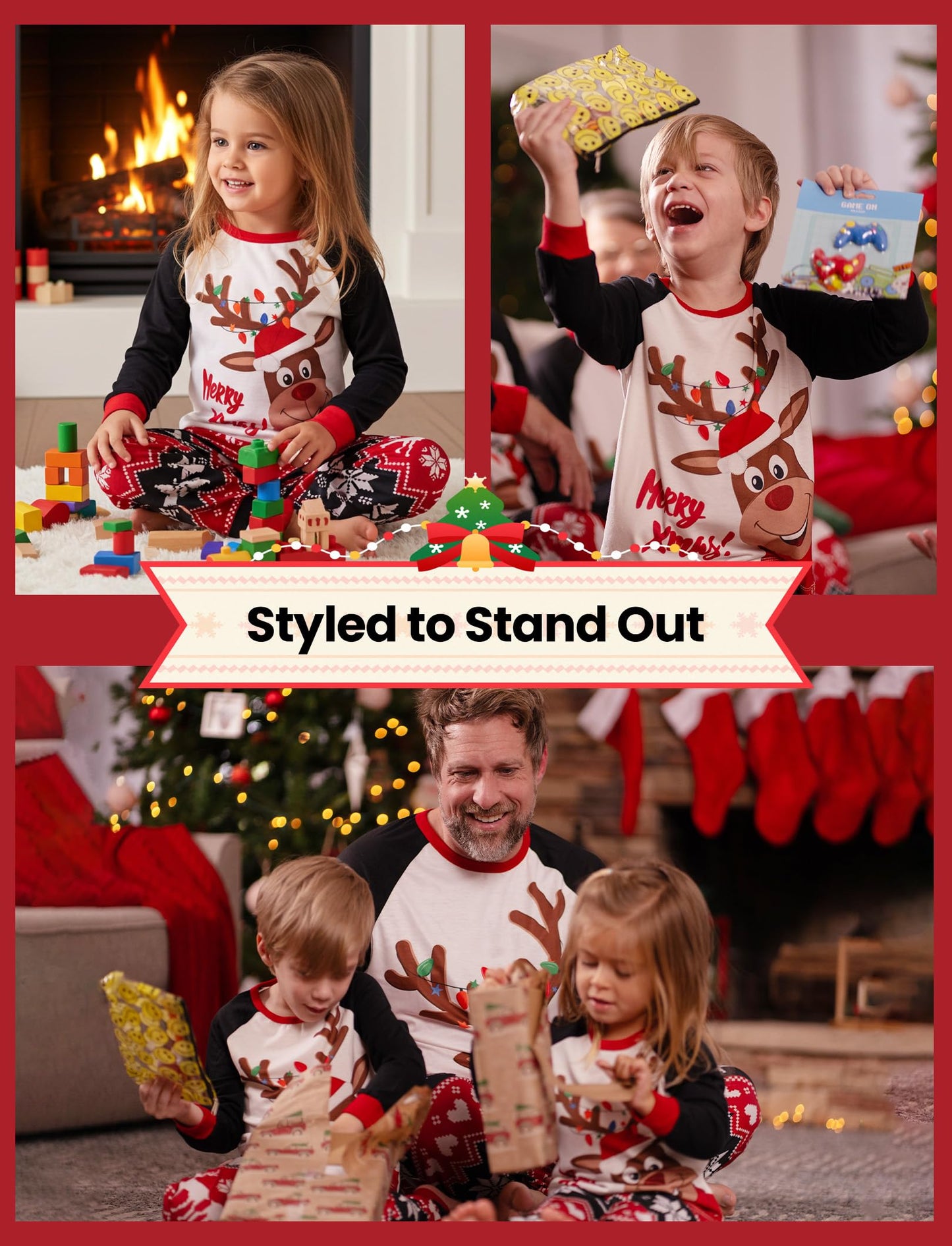 PATPAT Christmas Family Matching Pajamas, Red Black Reindeer, Kids, 9-10 Years - Medaid International