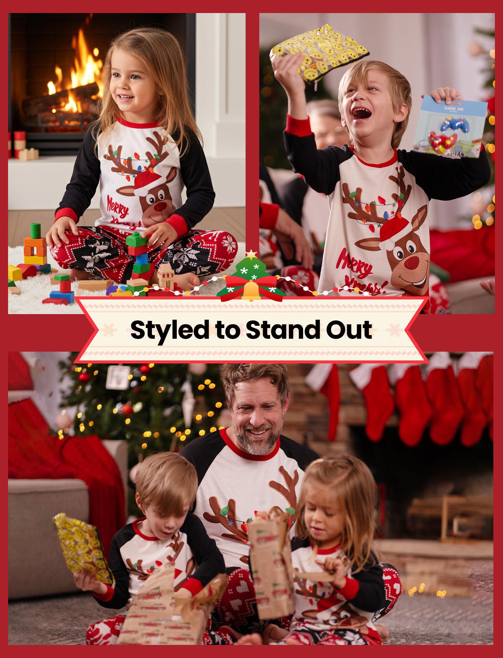 PATPAT Christmas Family Matching Pajamas, Red Black Reindeer, Kids, 9-10 Years - Medaid International