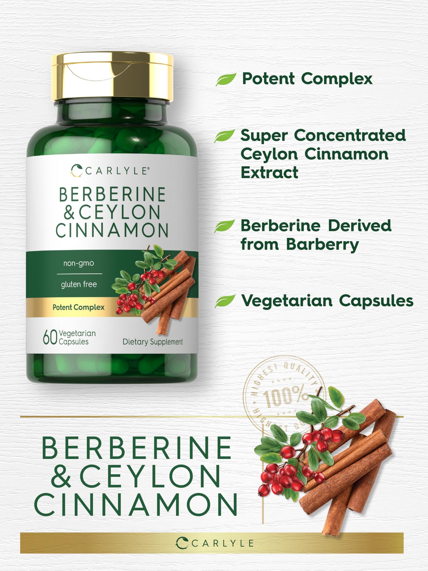 Carlyle Berberine with Ceylon Cinnamon | 2000mg Complex | 60 Capsules | Vegetarian, Non-GMO, Gluten Free - Medaid International
