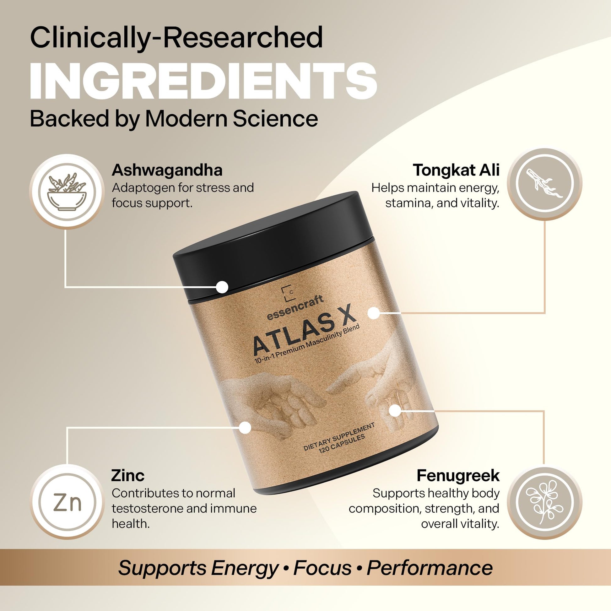 Essencraft Atlas X Testosterone Supplement for Men – 10-in-1 Natural Testosterone Booster & Muscle Booster w/Shilajit, Zinc, Tongkat Ali, & More (120 Capsules) - Medaid International