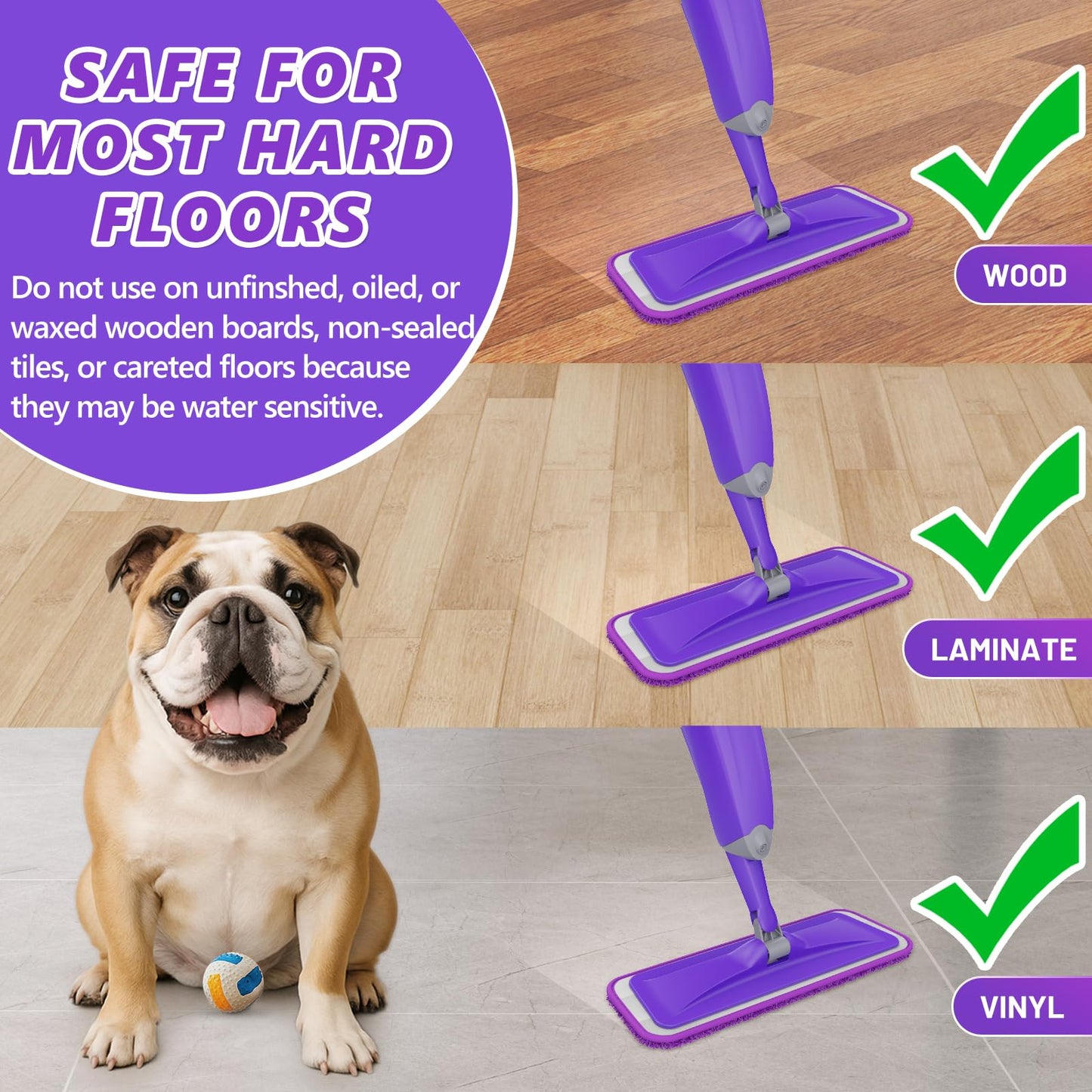 HOMTOYOU Spray Mops for Floor Cleaning: Wet Mop for Hardwood Tile Wood Laminate Vinyl - 3 Washable Microfiber Pads for Swiffer Powermop - Absorbs Pet Hair Dust - Medaid International