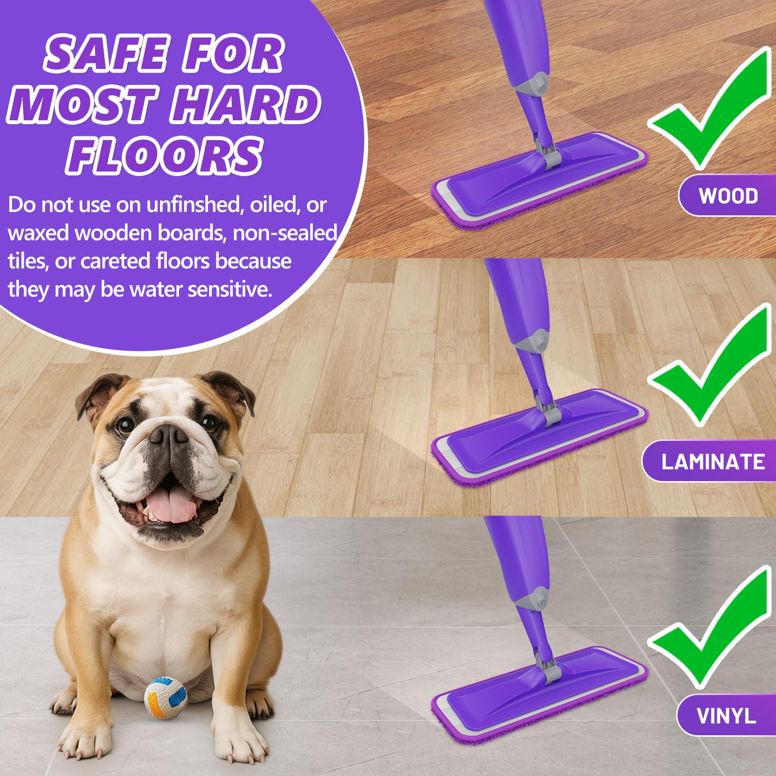HOMTOYOU Spray Mops for Floor Cleaning: Wet Mop for Hardwood Tile Wood Laminate Vinyl - 3 Washable Microfiber Pads for Swiffer Powermop - Absorbs Pet Hair Dust - Medaid International