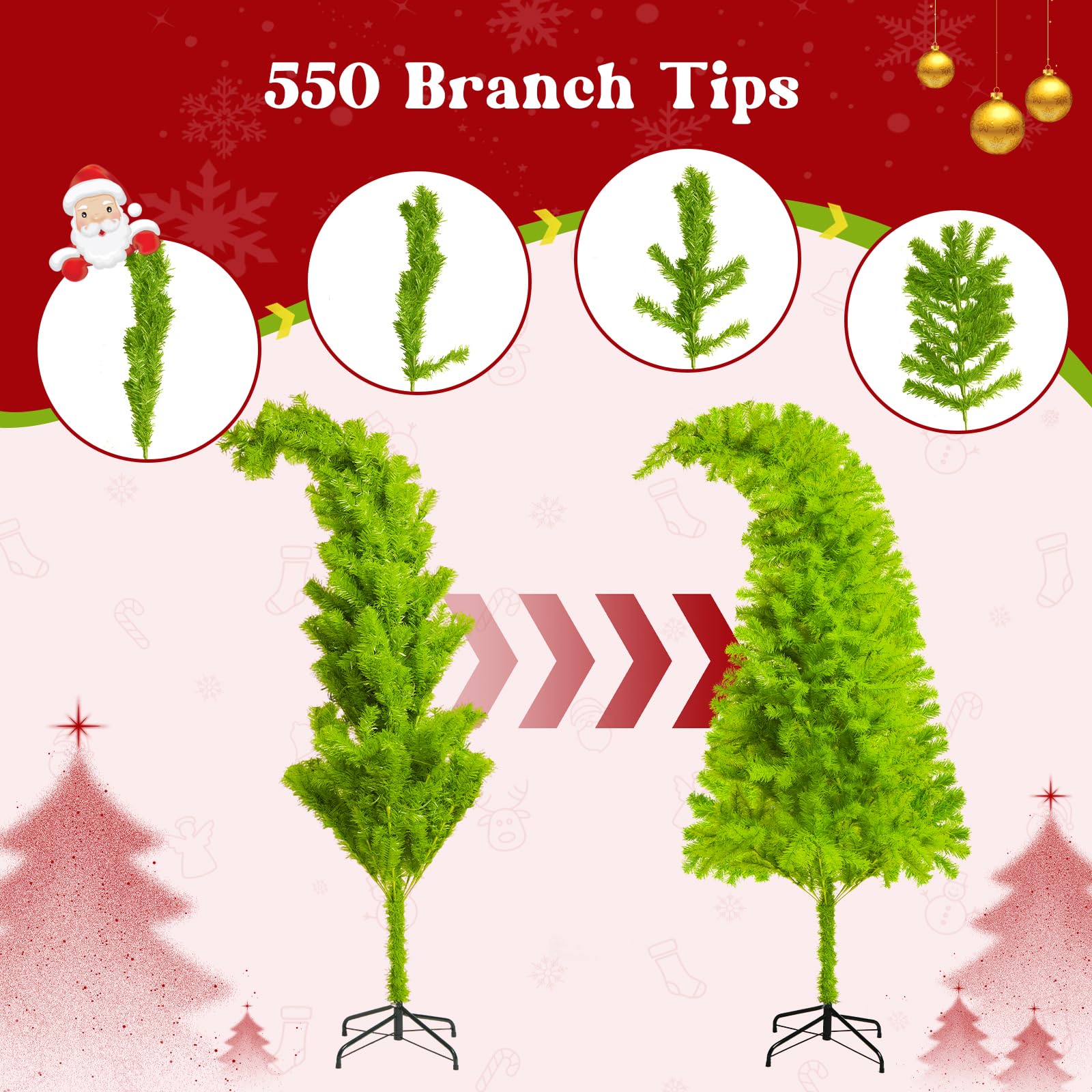 6ft Whimsical Christmas Tree,Bendable Pre-lit Christmas Trees with 200LED Lighted,Includes 1800 Tips,24 Balls,12 Wooden plaques,1 Christmas Hat,1 Tree Skirt - Medaid International