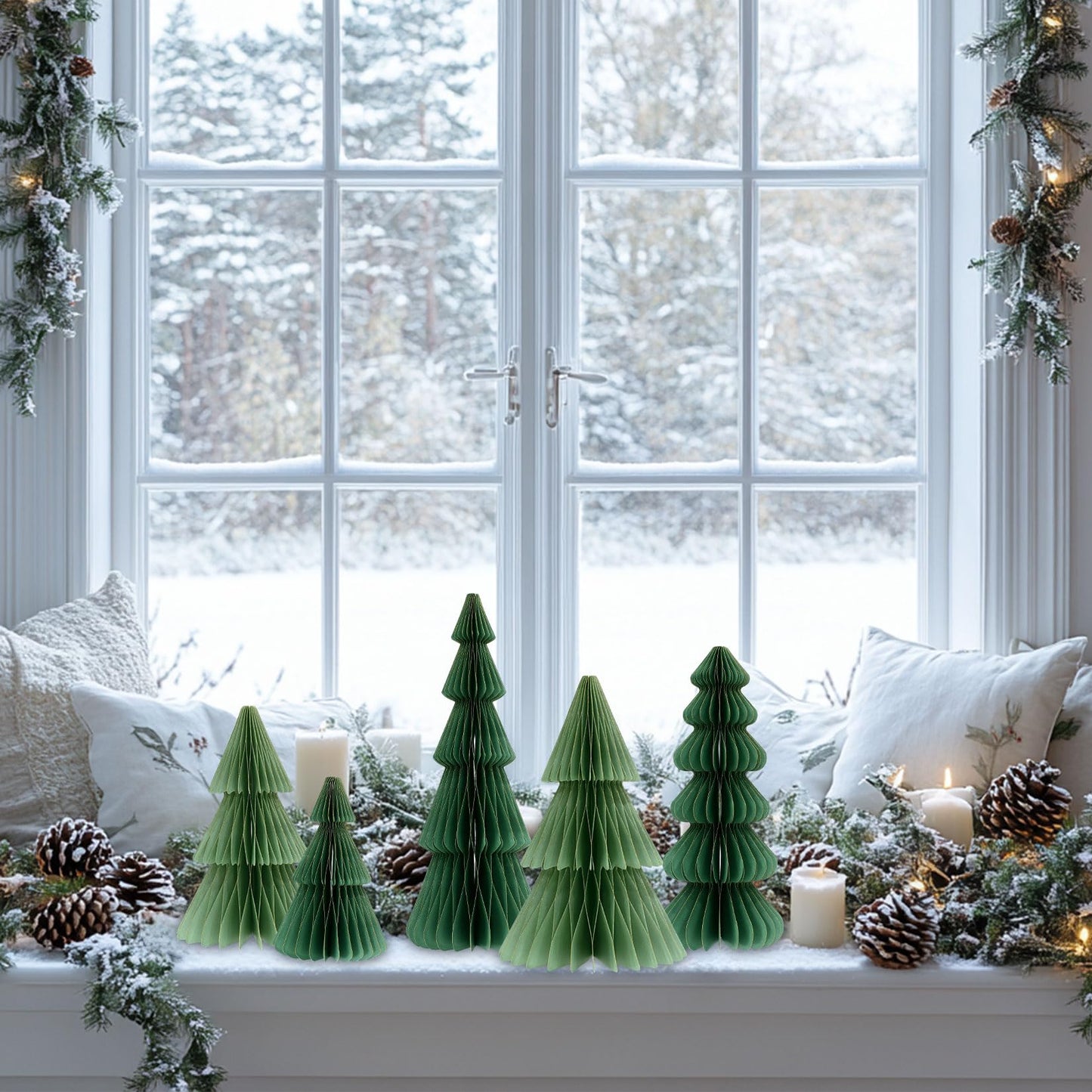 Fenyluxe 5PCS Honeycomb Paper Christmas Trees, Natural Green 3D Foldable Accordion Xmas Trees for Indoor Home Desk Decor, Holiday Dinner Party and Winter Centerpieces - Medaid International