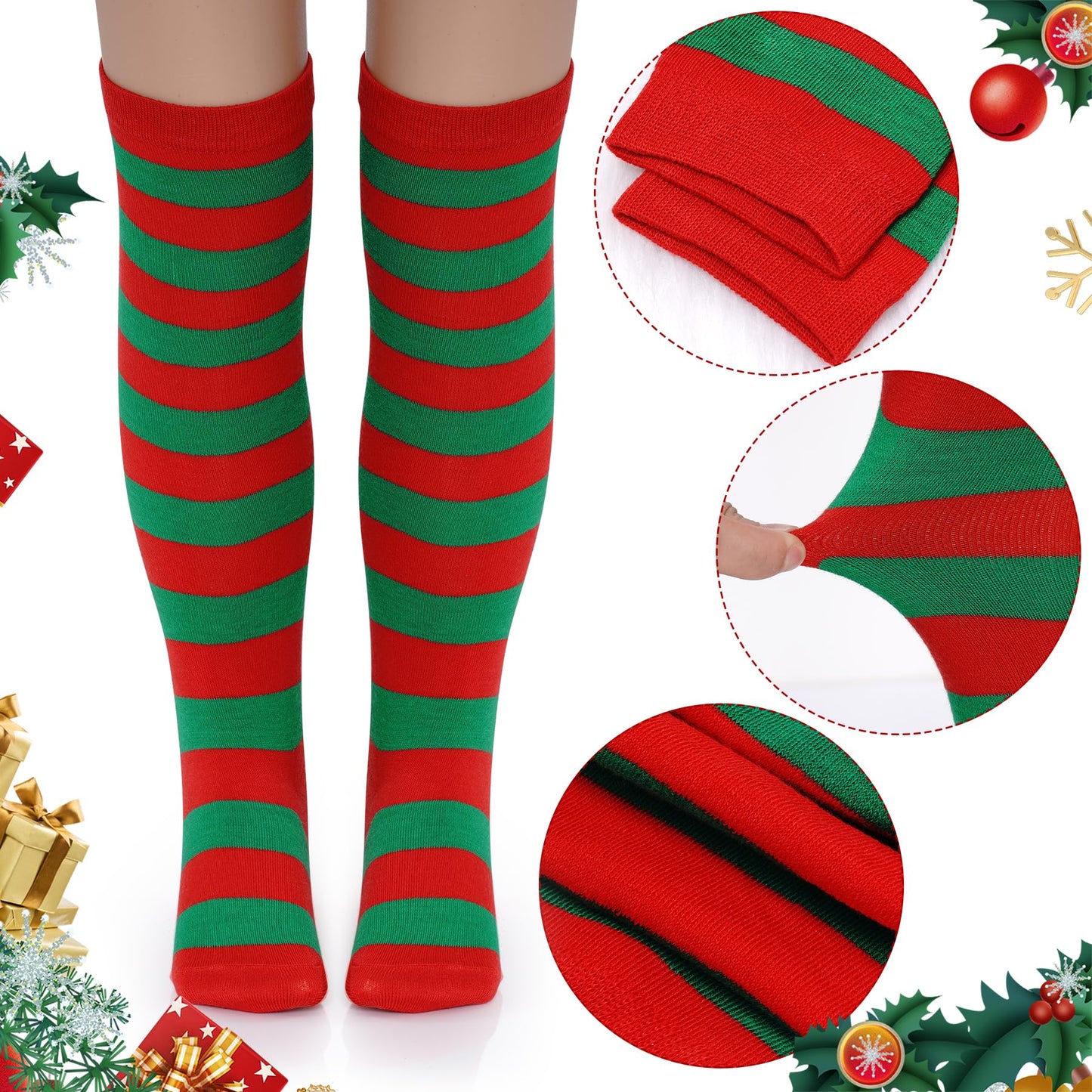 Dxhycc 3 Pairs Christmas Striped Knee High Socks Elf Candy Long Xmas Socks for Girls Boys Halloween Christmas Party - Medaid International