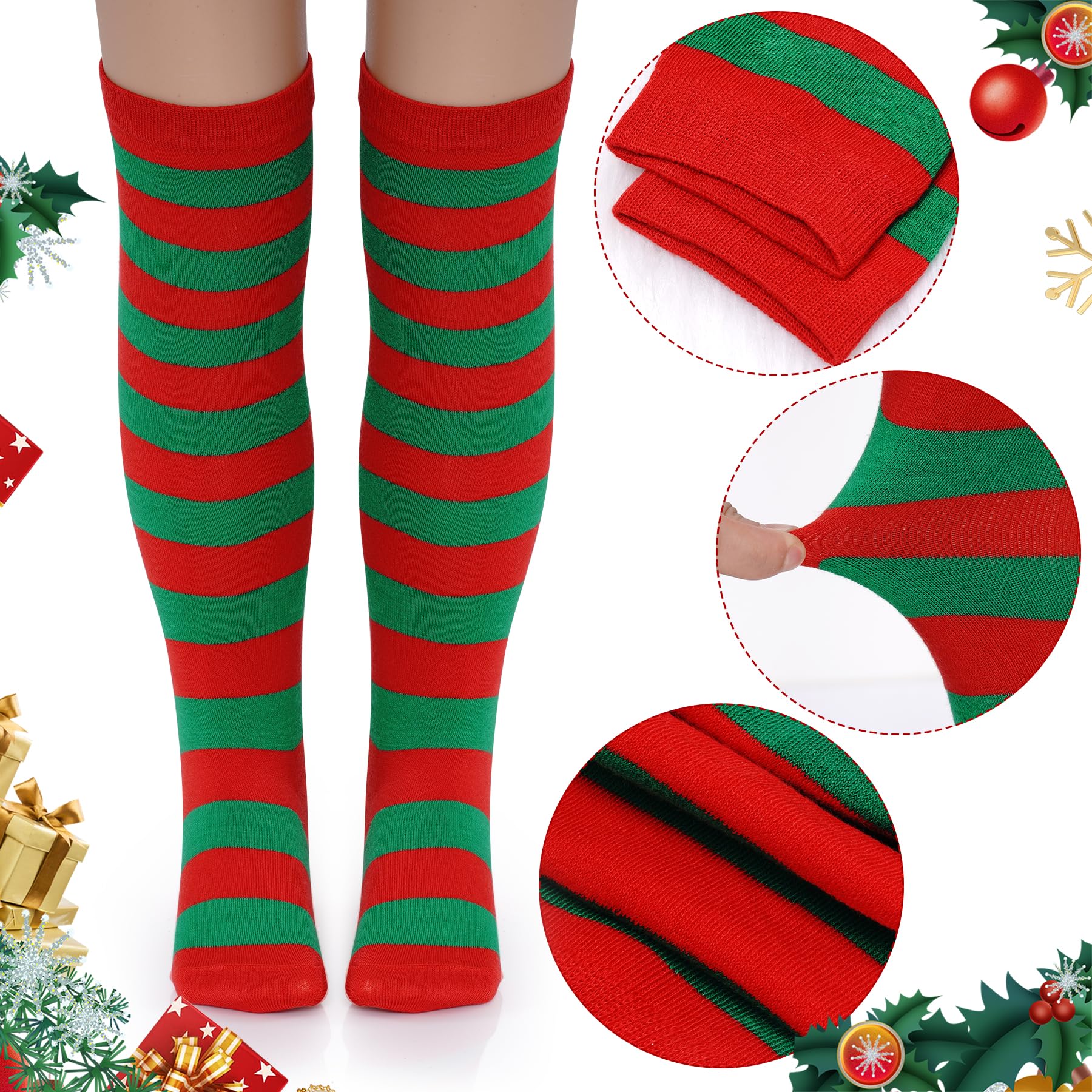 Dxhycc 3 Pairs Christmas Striped Knee High Socks Elf Candy Long Xmas Socks for Girls Boys Halloween Christmas Party - Medaid International