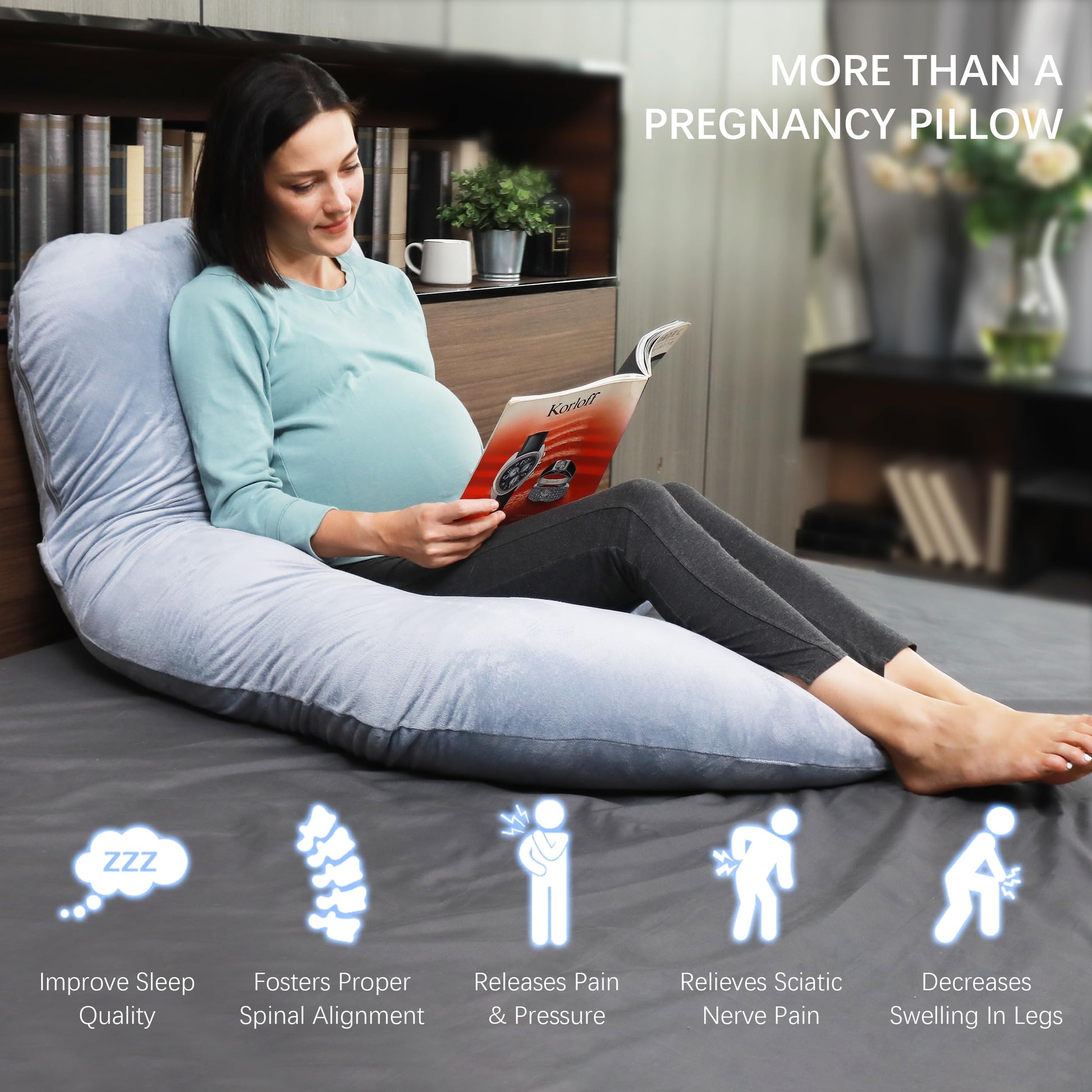 MOON PARK Pregnancy Pillows for Sleeping - U Shaped Full Body Maternity Pillow with Removable Cover - Support for Back, Legs, Belly, HIPS - 57 Inch Pregnancy Pillow for Women - Grey - Medaid International
