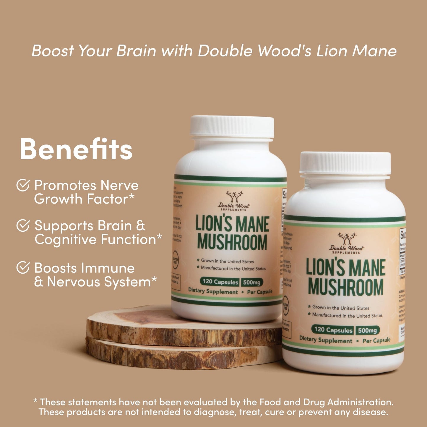 Organic Lions Mane Mushroom Capsules (120 Count), for Brain Support and Immune Health, Third Party Tested and Grown in The USA - by Double Wood - Medaid International