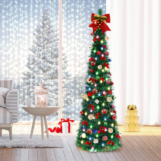 FHOZGECY Pop Up Christmas Tree, 5FT Collapsible Christmas Tree with 30 LED Multicolor Lights, Tinsel Pencil Tree with Ball Bowknot Gift Box for Indoor, Party, Xmas, Home,Office Decor - Medaid International
