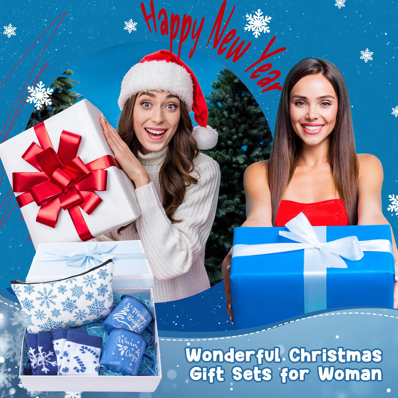 Baderke 4 Set Christmas Gifts Christmas Mugs Enamel Mug 4 Pcs Xmas Makeup Bags Bulk Santa Goodie Bags and 4 Pcs Santa Socks Xmas Socks for Family Women Friend(Blue) - Medaid International