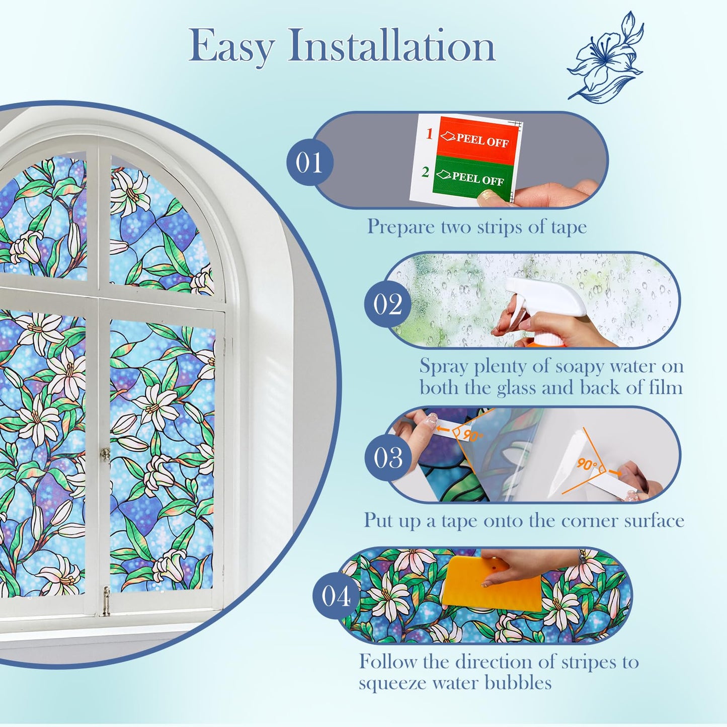 Coavas Decorative Window Privacy Film, Heat Control Sun Blocking Stained Glass Window Film, Floral Design Static Cling, Non Adhesive Windows Tint for Bathroom Front Door(Vinyl, 17.5" x 78.7 ") - Medaid International