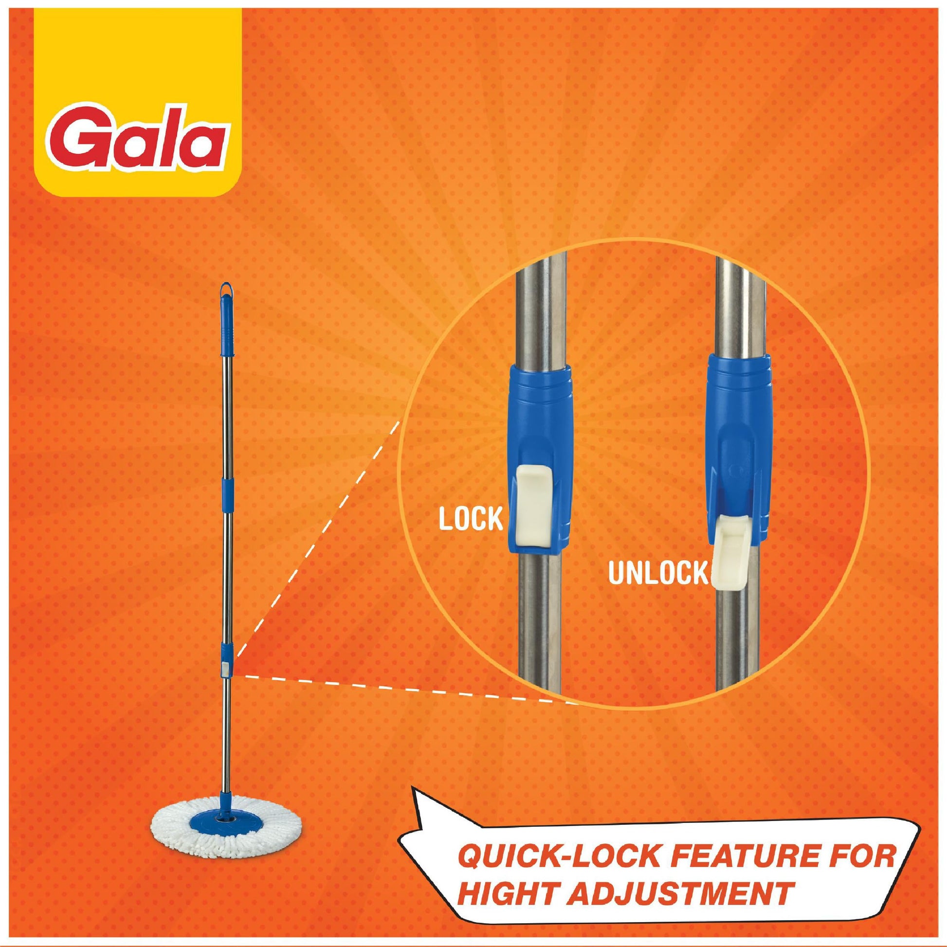 Gala Spin Mop Extendable Handle/Stick Rod with Microfiber Refill (150750), White & Blue Finish - Medaid International