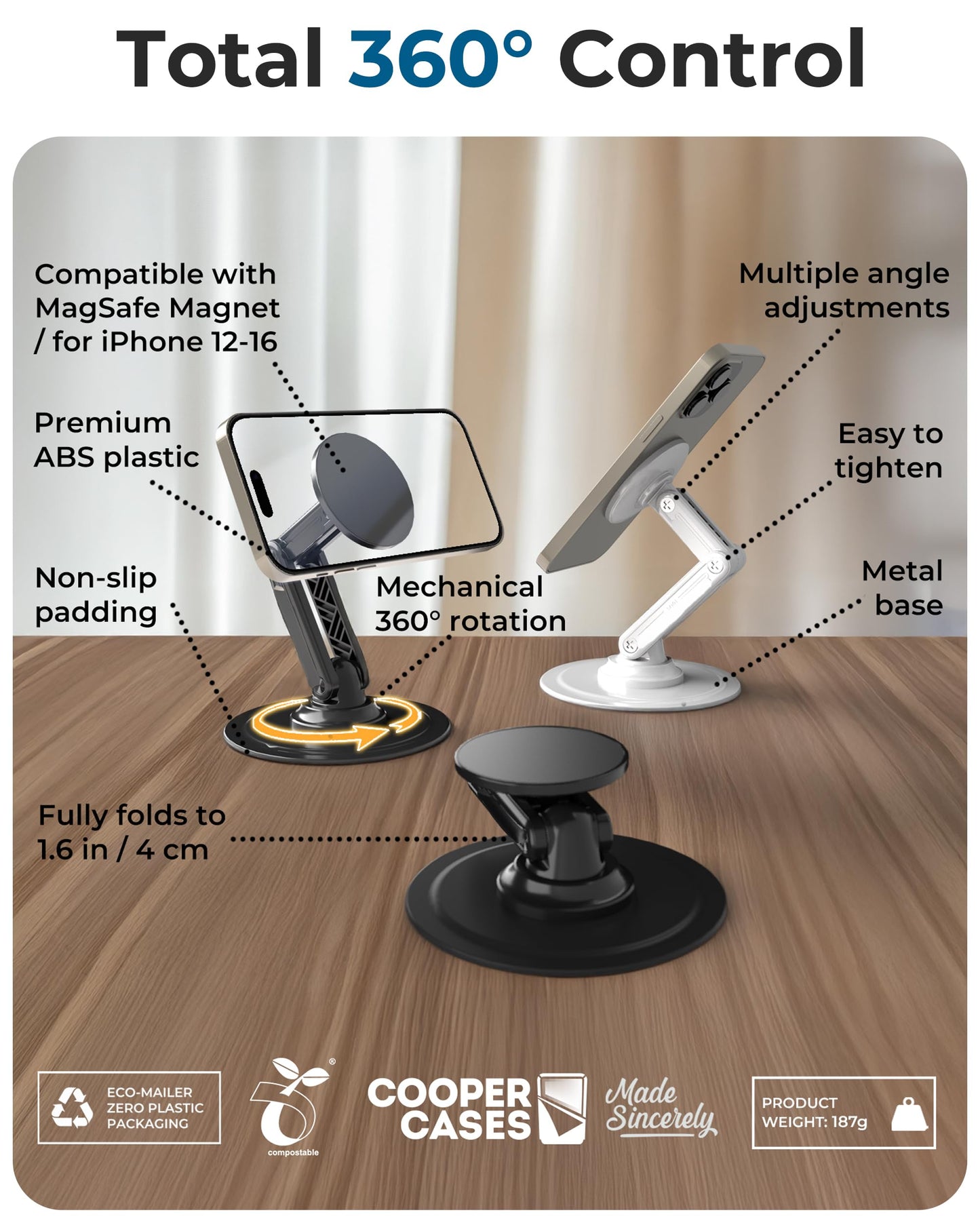 COOPER Mag360, Magnetic Phone Stand for Desk Compatible with MagSafe Phone Holder, 360° Adjustable, iPhone Desk Stand for iPhone 17 Pro Max/16/15/14/13/12, Incl 1 Metal Ring for Other Phones - Black - Medaid International