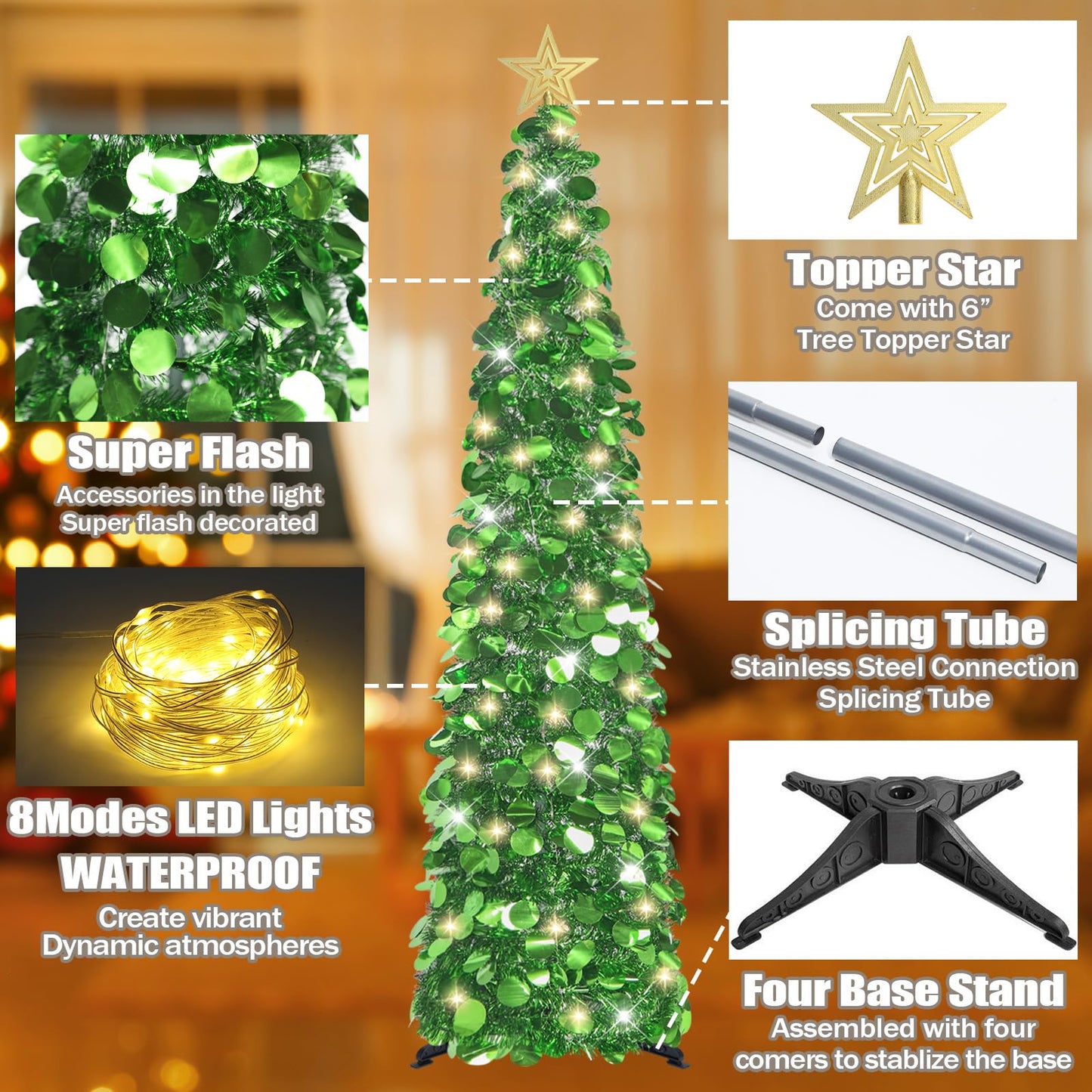HMASYO 5 FT Pop Up Christmas Tree with Timer Lights, Green Christmas Tinsel Tree, Collapsible Artificial Pencil Christmas Tree for Indoor Home Apartment Porch Holiday Party Decorations - Medaid International