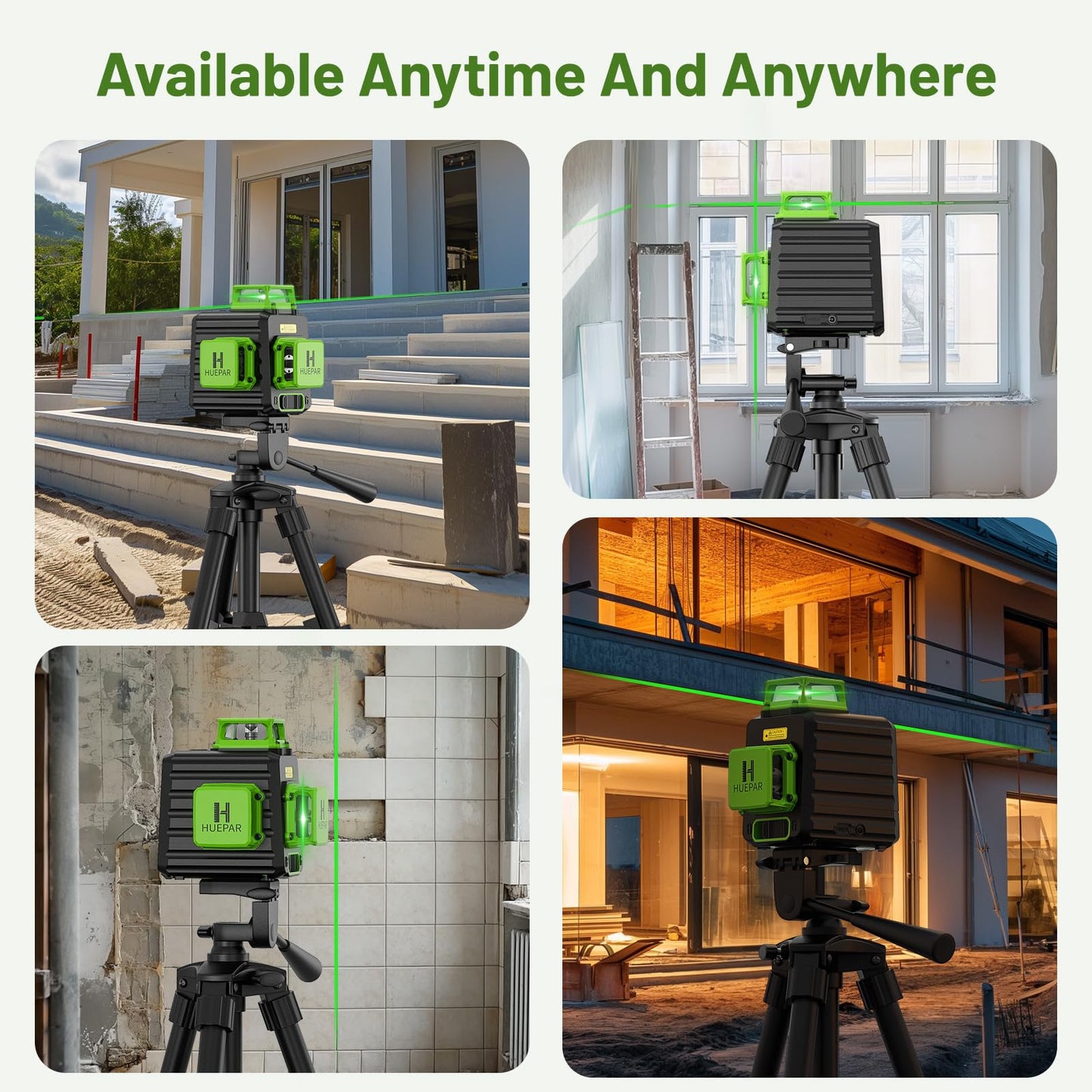 HUEPAR Laser Level 360 Self Leveling, Rechargeable 3D High Brightness Green Laser 3x360° Best Laser Leveler Tool for Construction and Picture Hanging, Strong Magnetic Bracket & Hard Suitcase -B03CG - Medaid International