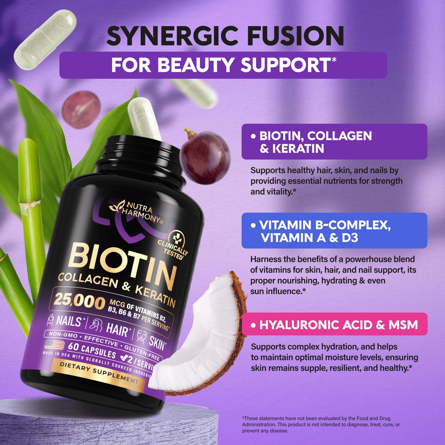 Biotin | Collagen | Hyaluronic Acid | Keratin - Clinically Tested Supplement - Hair Growth Support, Skin & Nails - 25000 mcg Vitamins B2, B3, B6 & B7 + B1 - Made in USA - Women & Men | 60 Capsules - Medaid International
