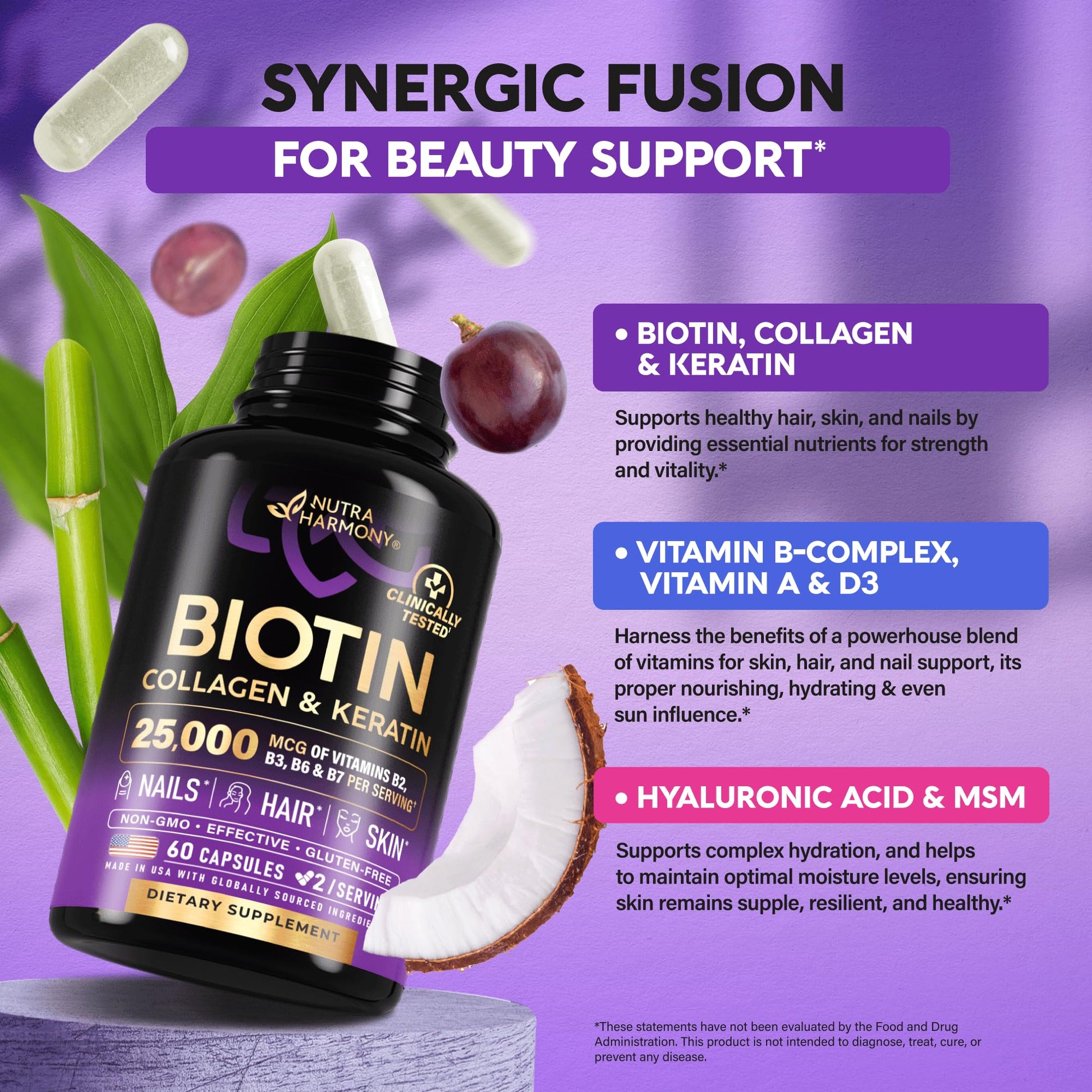 Biotin | Collagen | Hyaluronic Acid | Keratin - Clinically Tested Supplement - Hair Growth Support, Skin & Nails - 25000 mcg Vitamins B2, B3, B6 & B7 + B1 - Made in USA - Women & Men | 60 Capsules - Medaid International