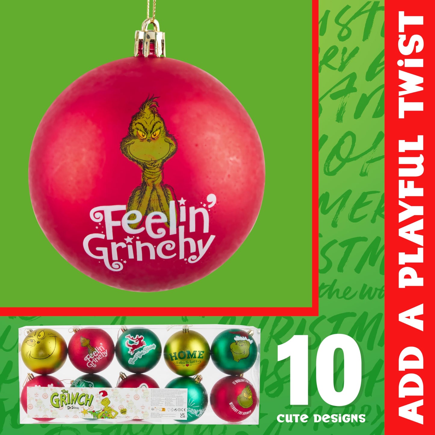 The Grinch Christmas Ornaments, Pack of 10 Funny Christmas Ball Tree Decorations - Medaid International