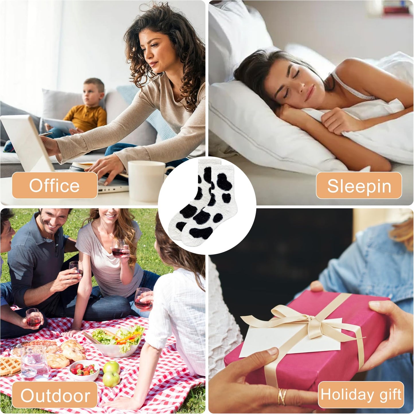 Cute Cow Print Socks for Women Fuzzy Winter Fluffy Lazy Sleeper Socks Warm Thick Cozy Trendy Christmas Gifts for Teen Girls - Medaid International